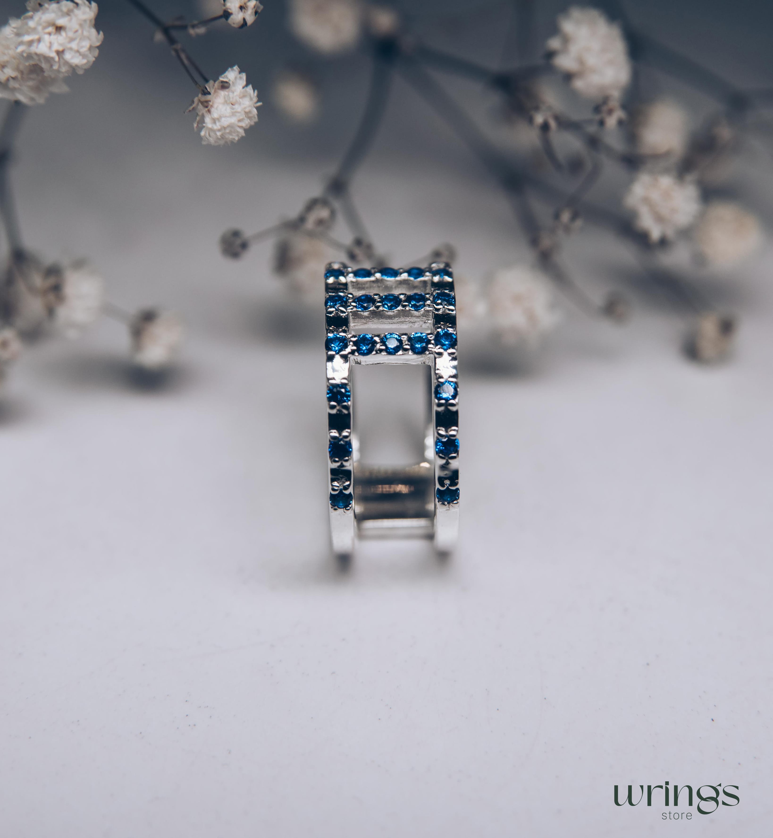 Double Band Wedding Ring Blue Sapphires Multi Stone