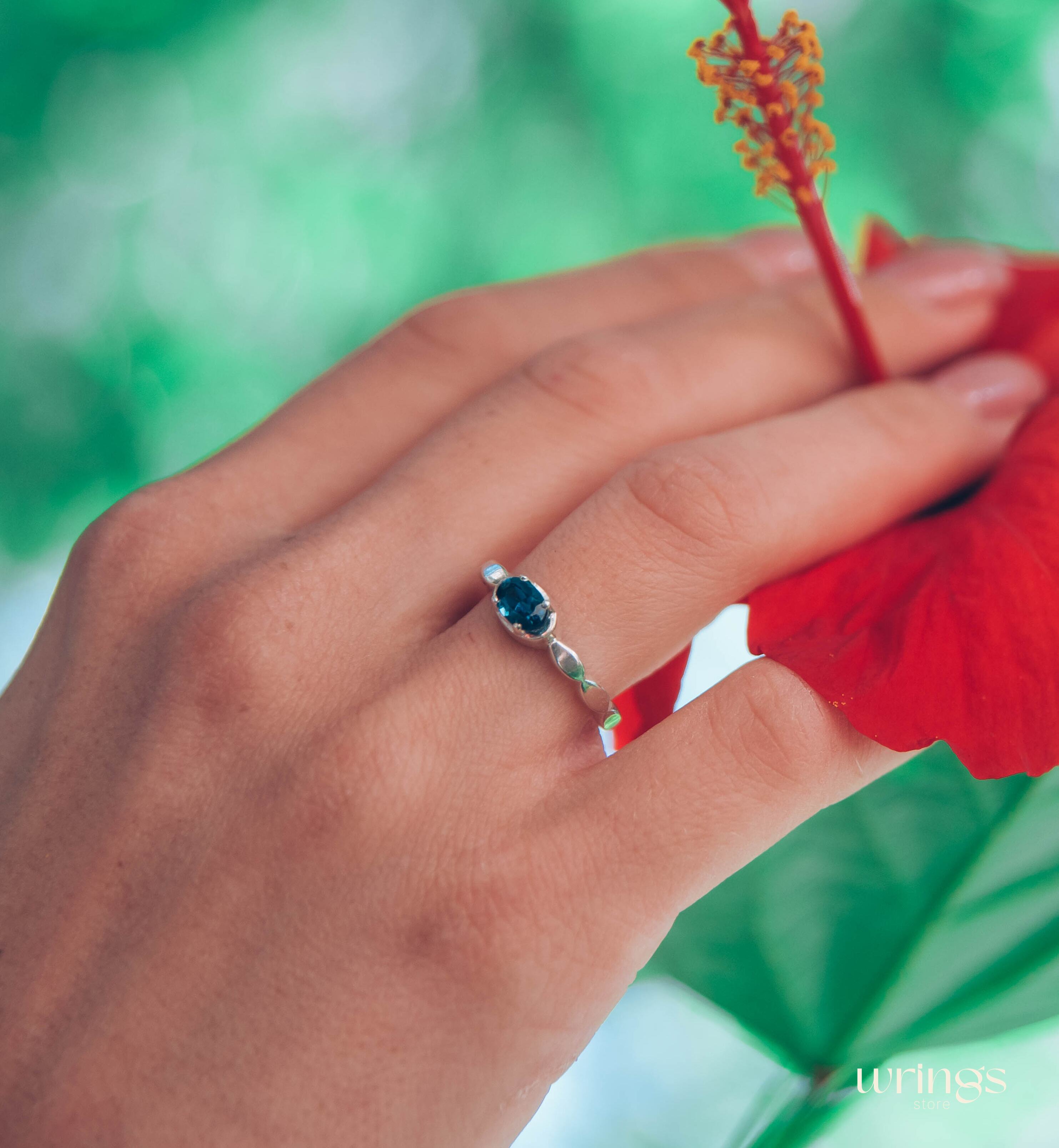 Oval London Blue Topaz Engagement Ring Beaded Band