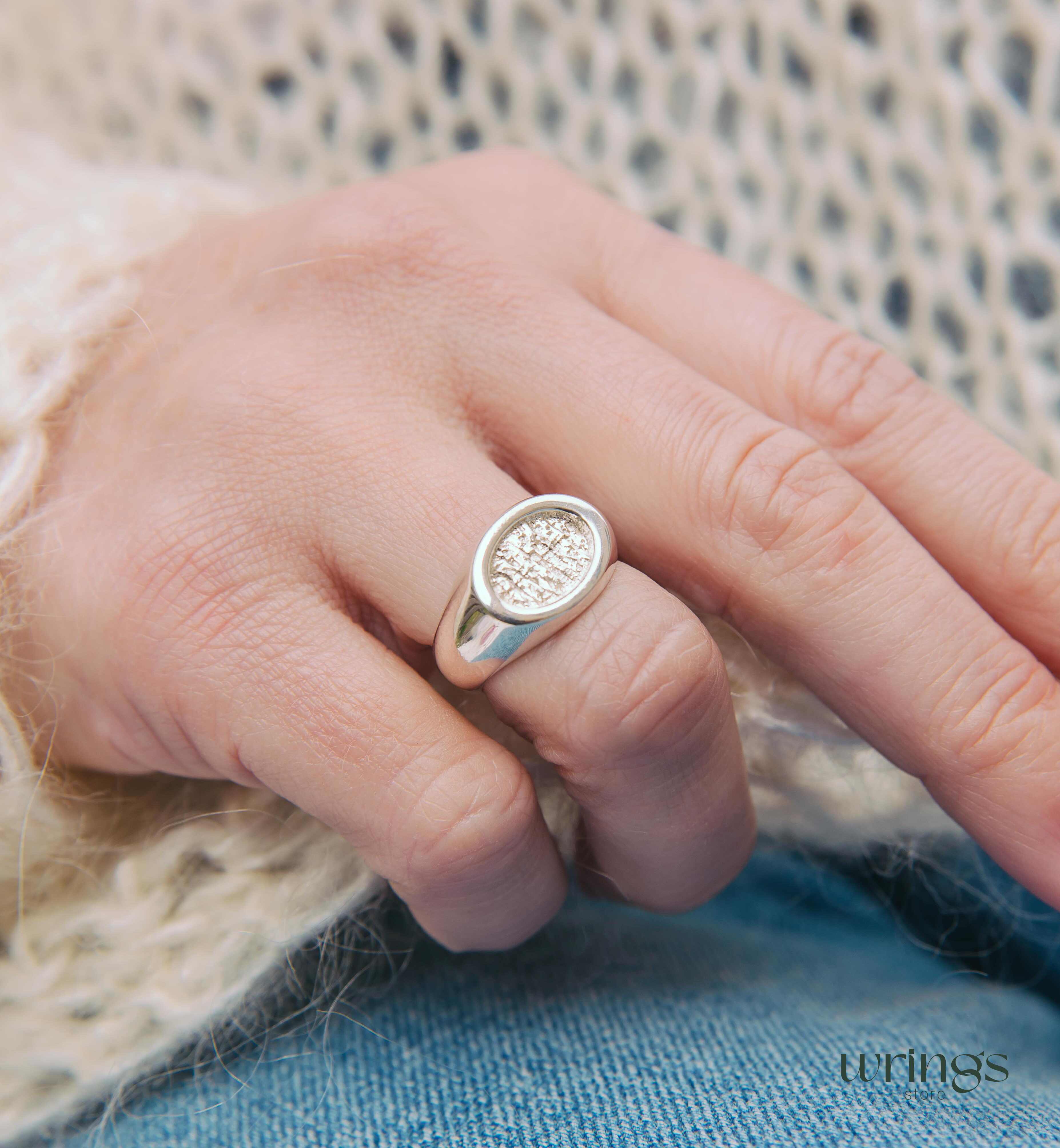 Unisex Silver Oval Signet Ring Hammered Centre