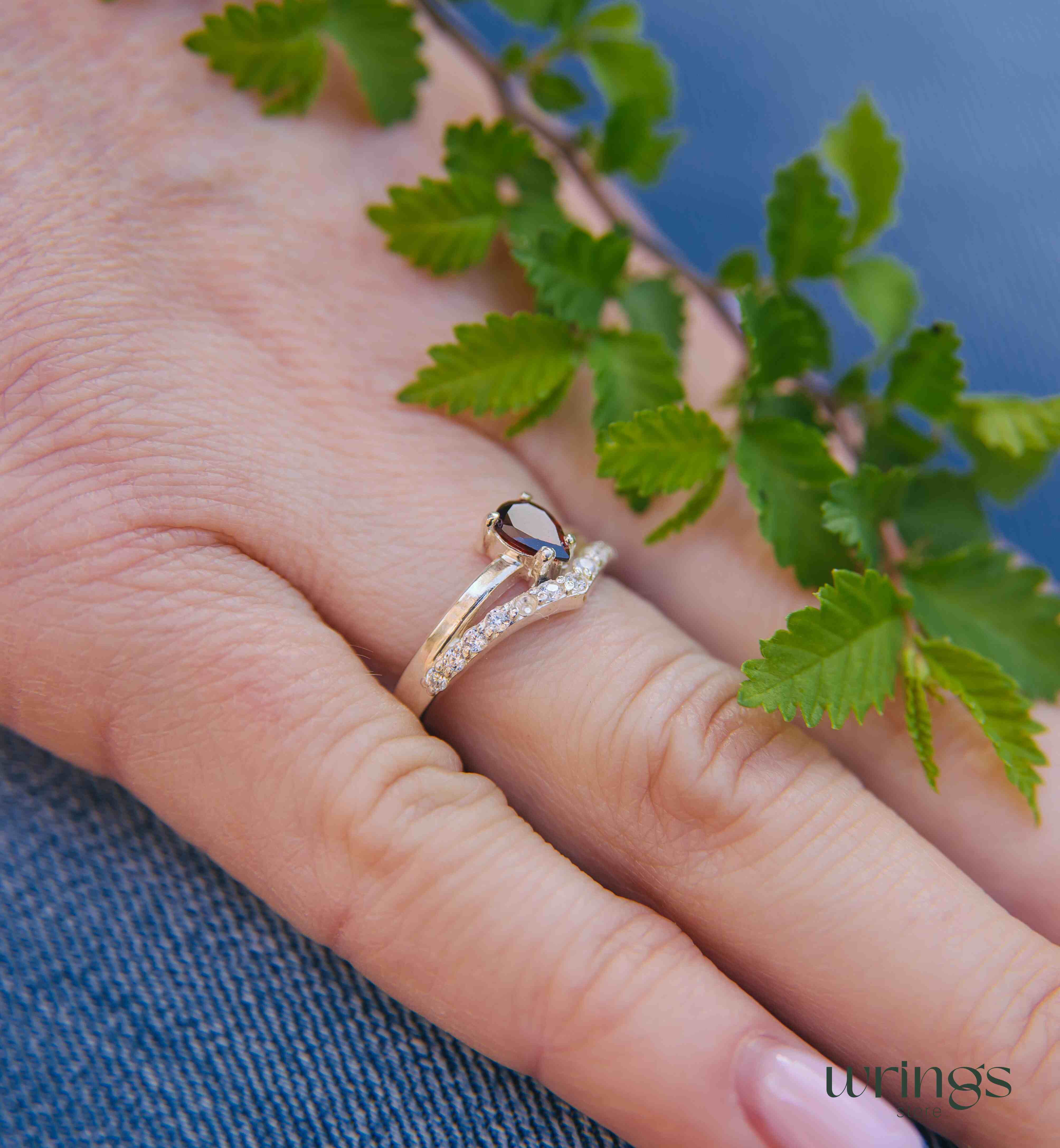 Chevron & Pear cut Garnet Engagement Ring Silver and CZ