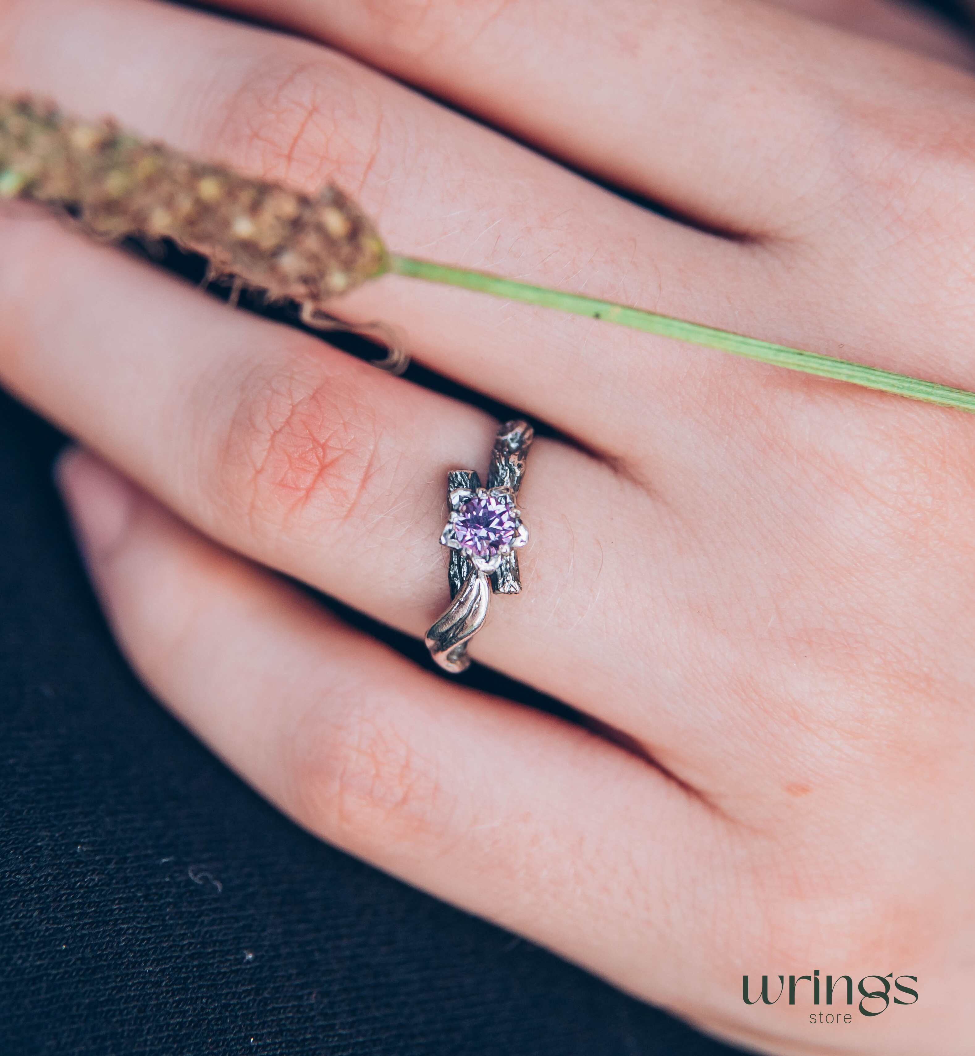 Lilac Amethyst Flower on a Silver dainty Twig Ring for Her