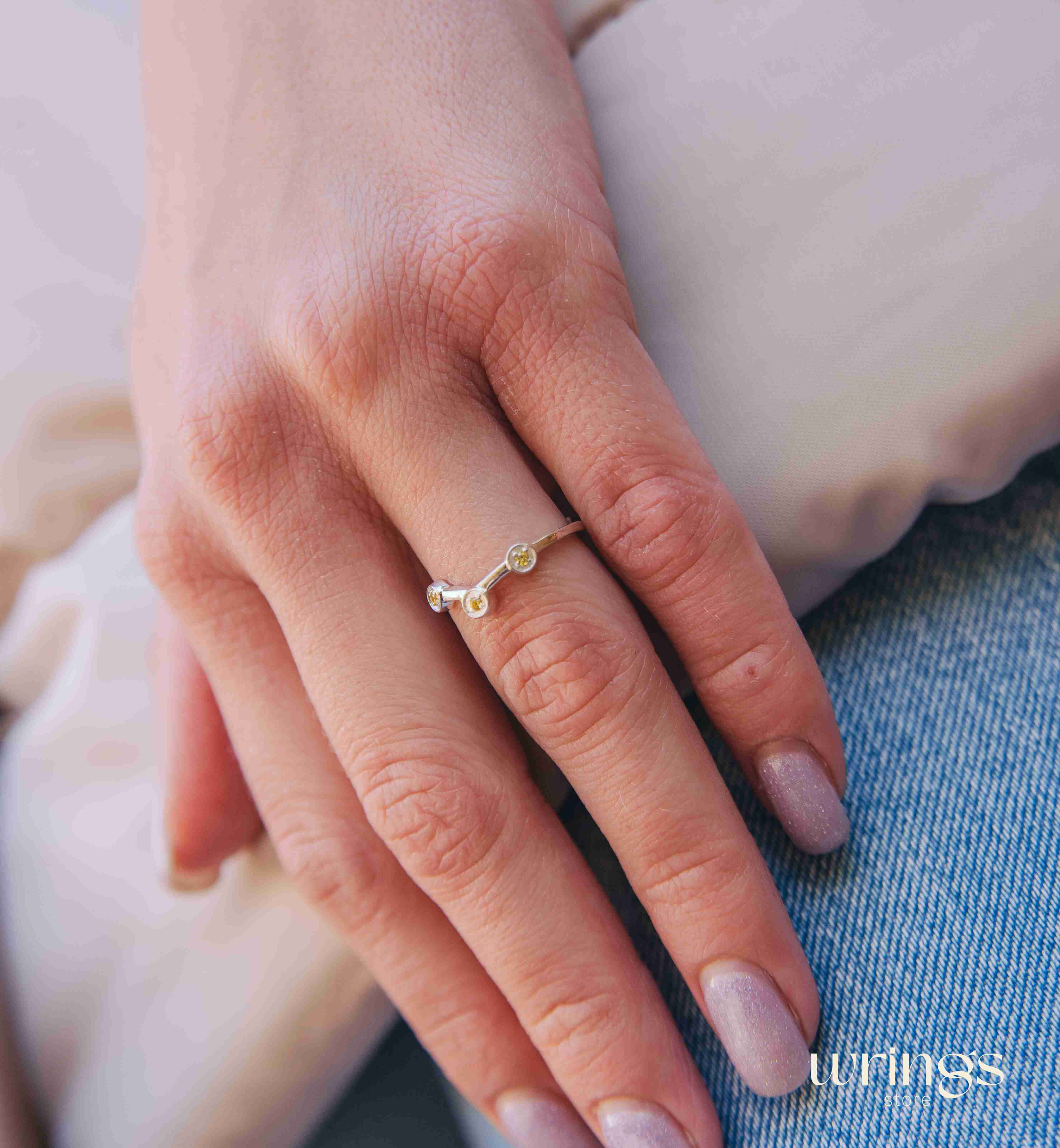 Cute Citrines in 3 Small Dots Silver Curved Ring