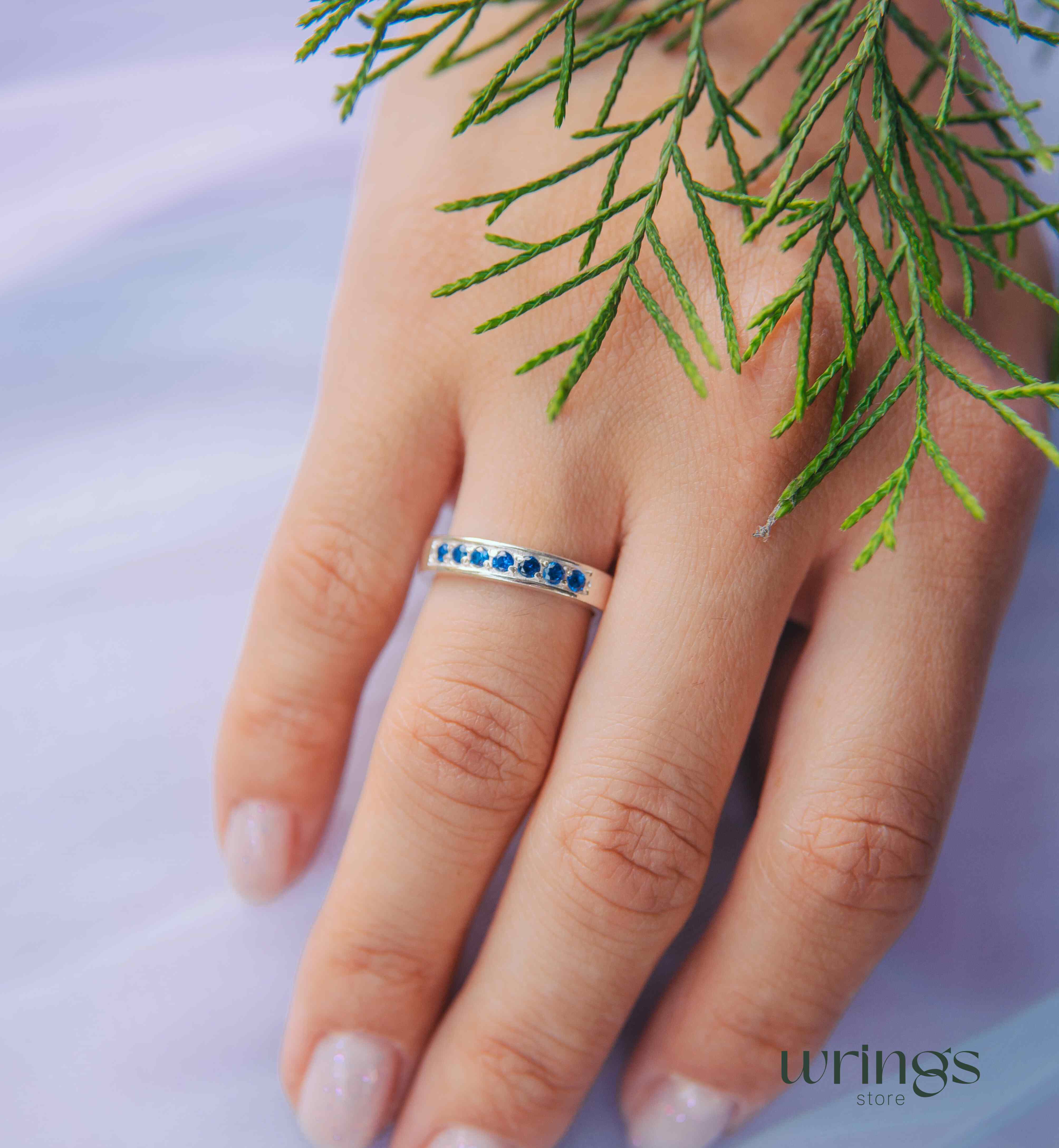 Classic Silver Sapphire Wedding Band Unisex 7 Blue gems