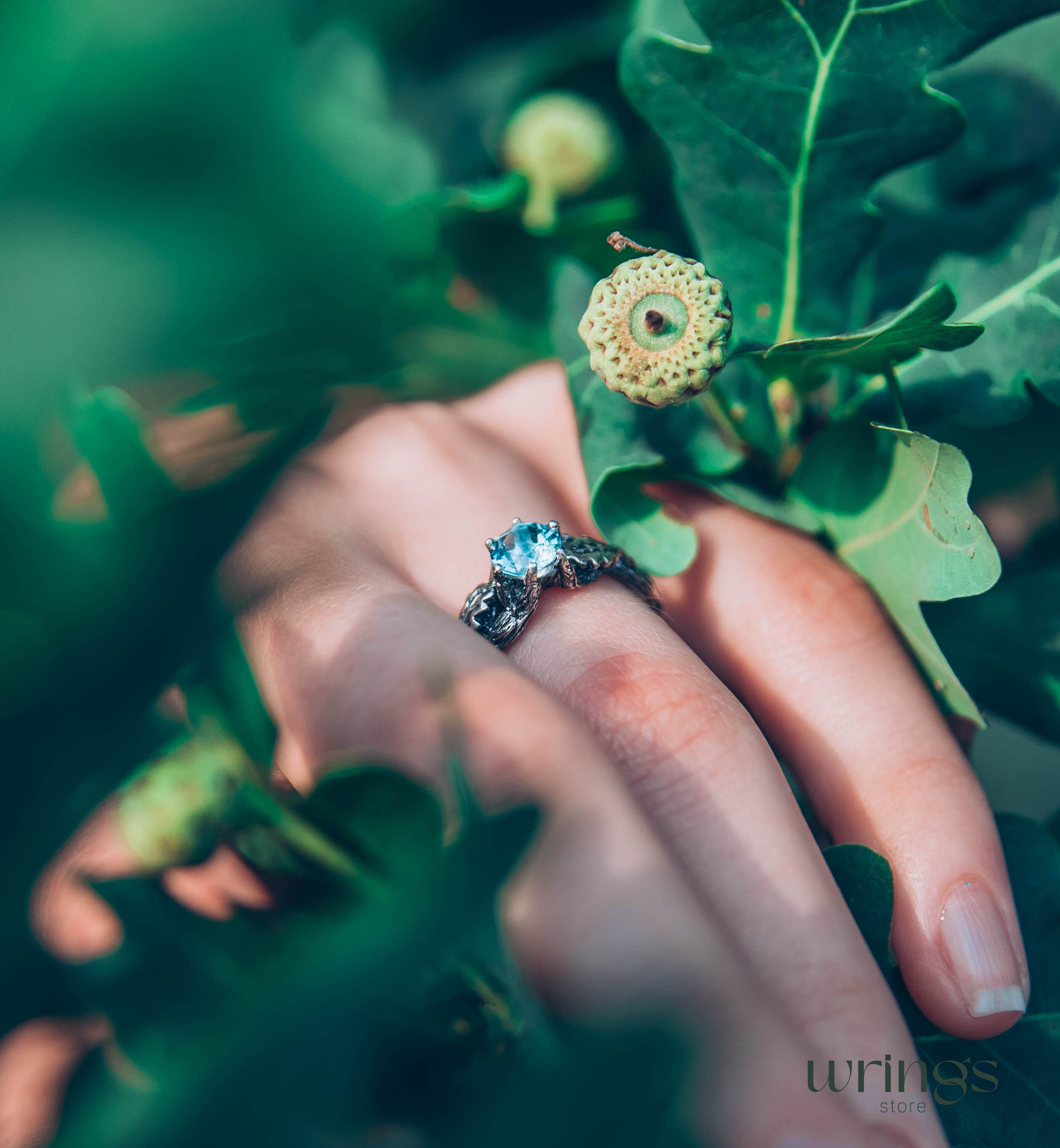 Topaz Engagement Ring — Silver Braided Branch and oak Leaves