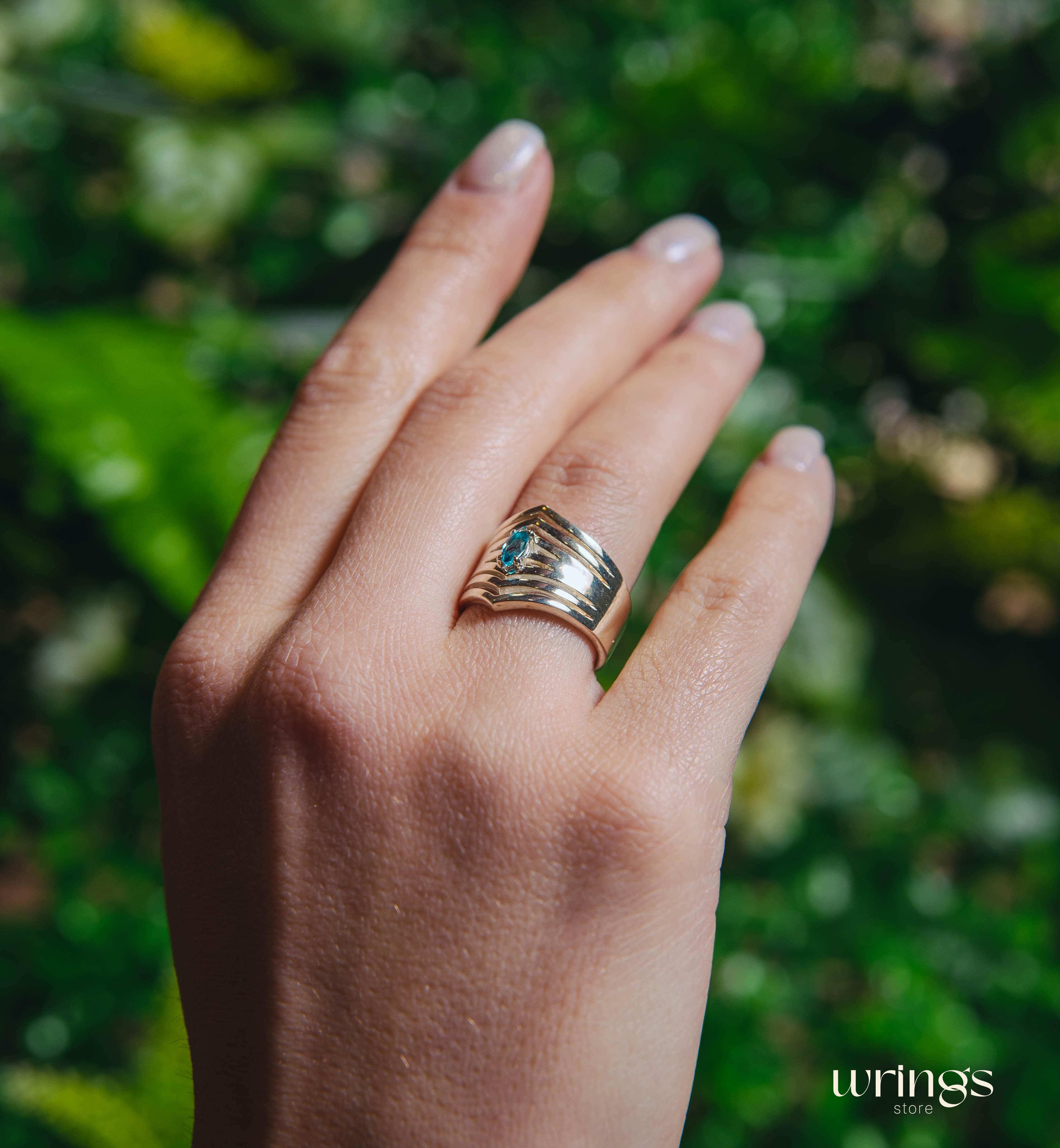 Extra Wide Cocktail Ring Dome Double Chevron with Topaz