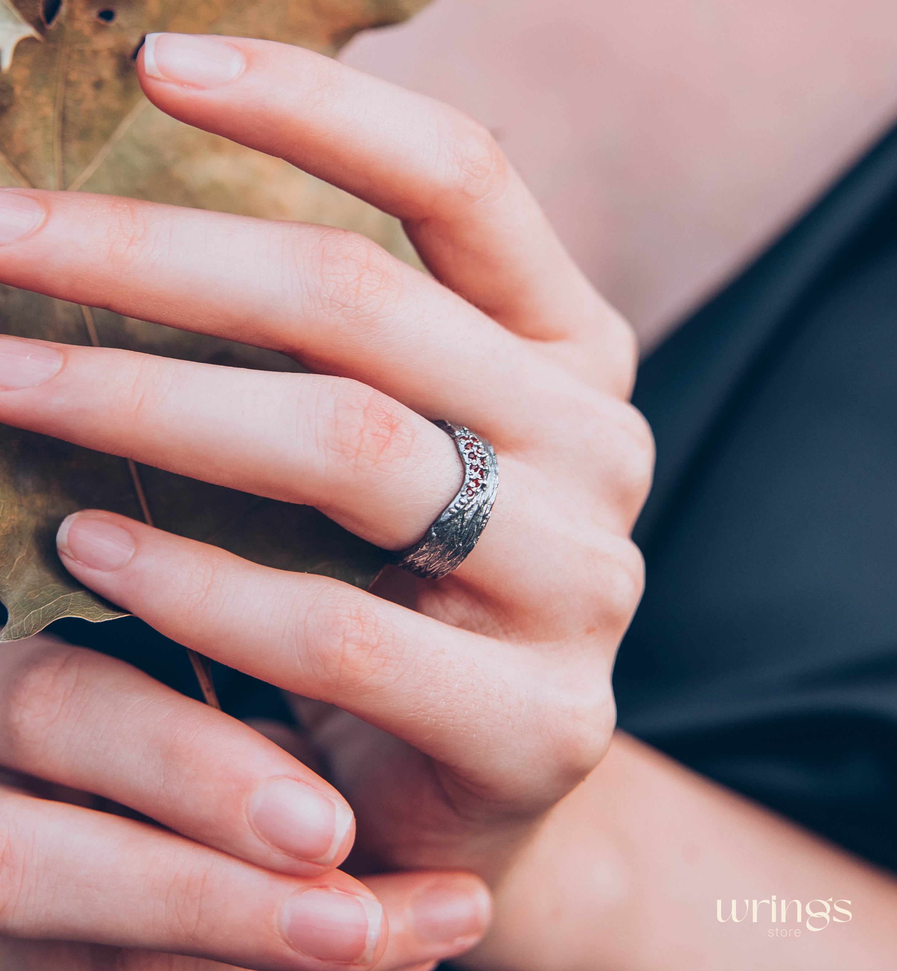 Silver Tree bark Curved Wide Wedding Band with Garnets