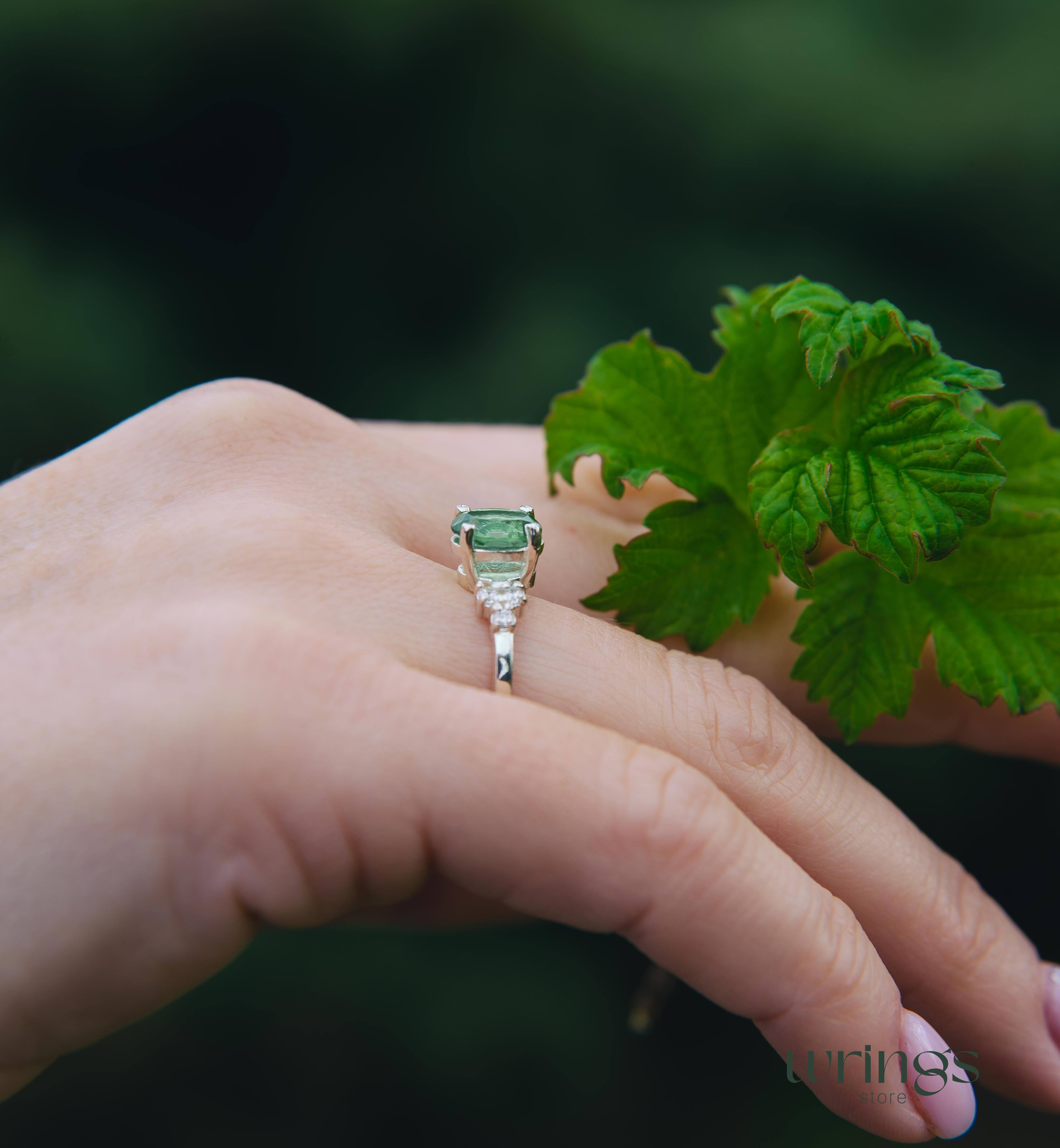 Large Oval Green Quartz Silver Cluster Engagement Ring