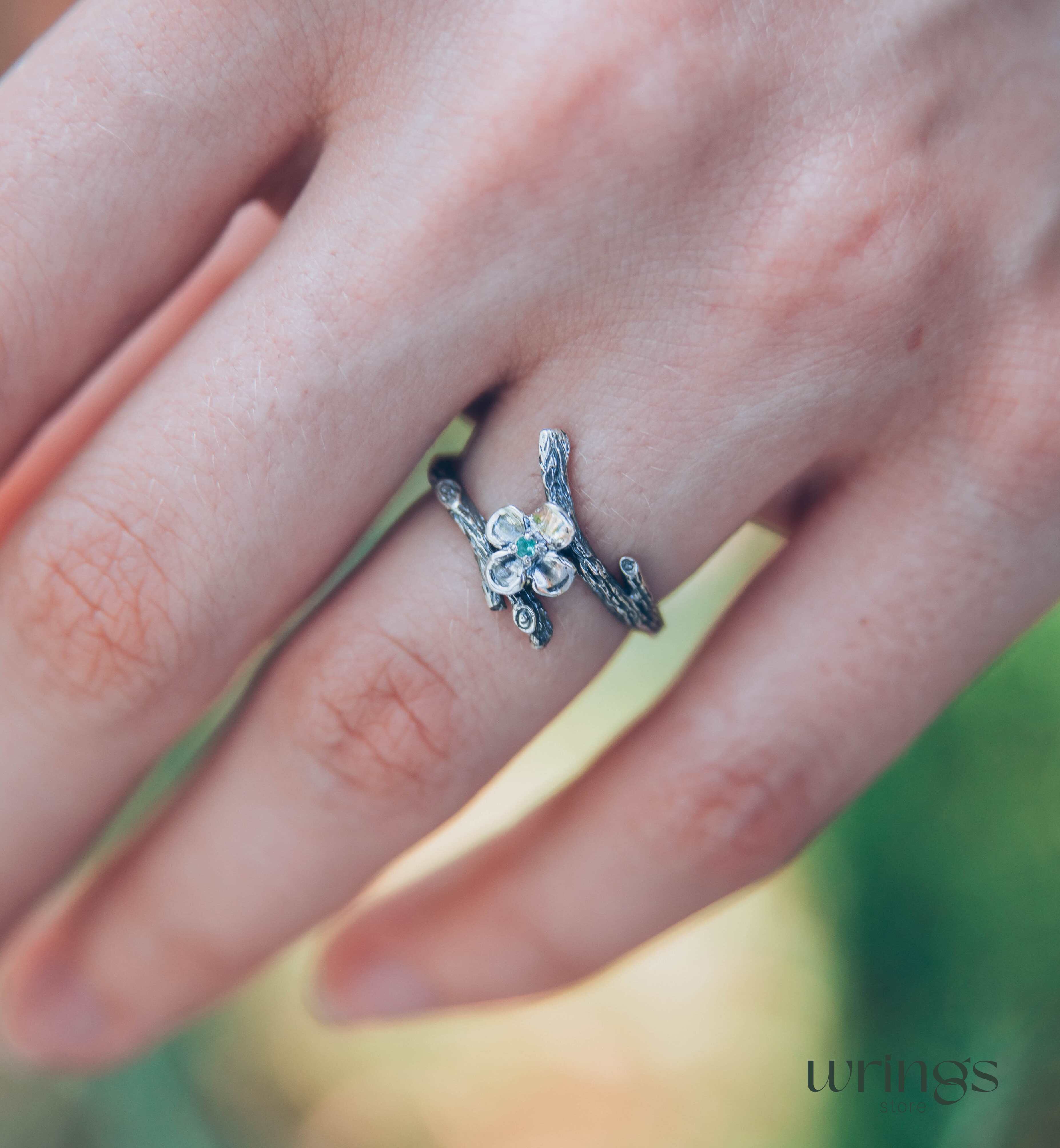 Dainty Quatrefoil flower Ring with Emerald and tiny Branch