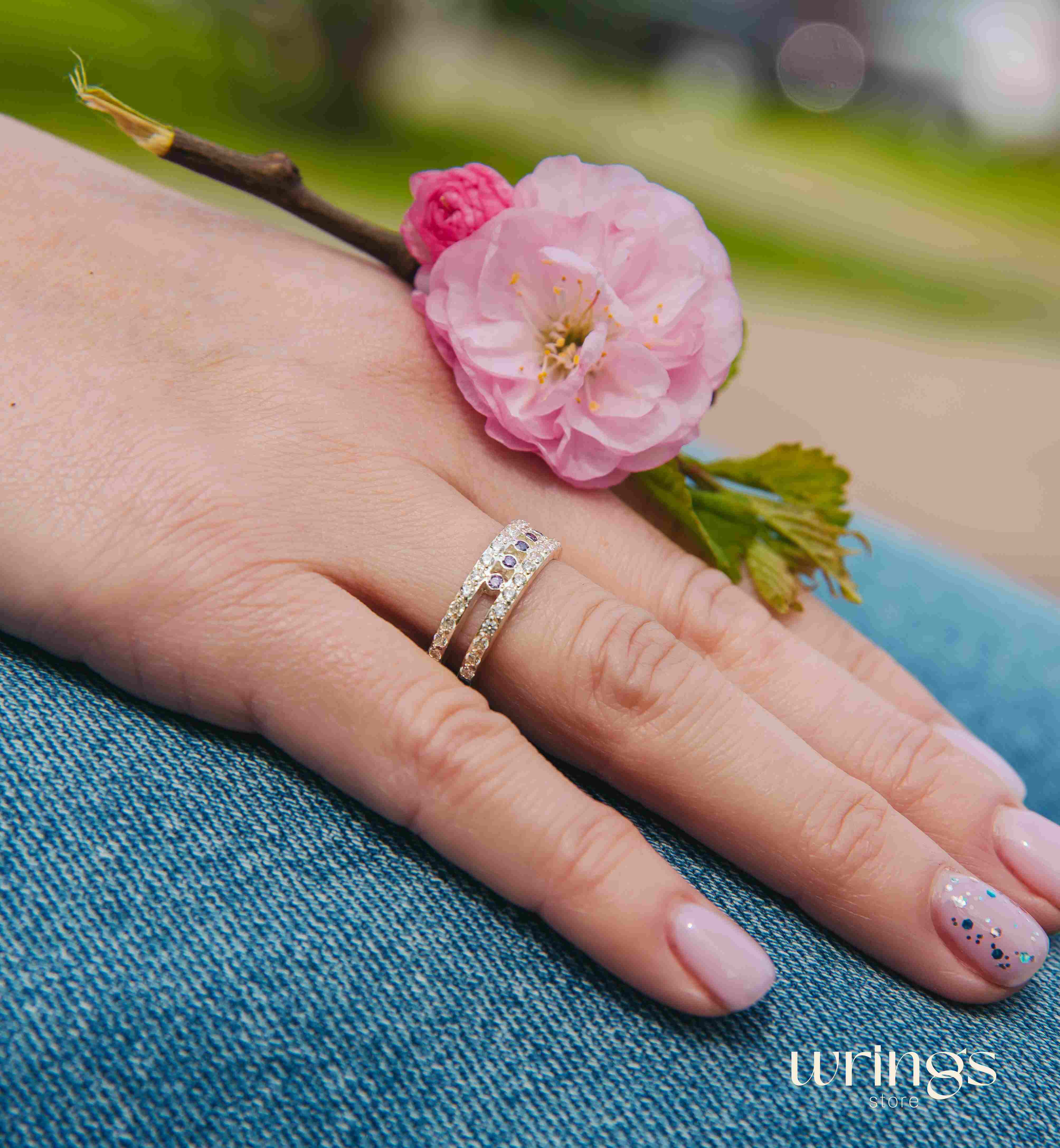 5 Purple Amethysts and White Stones Split Wedding Band