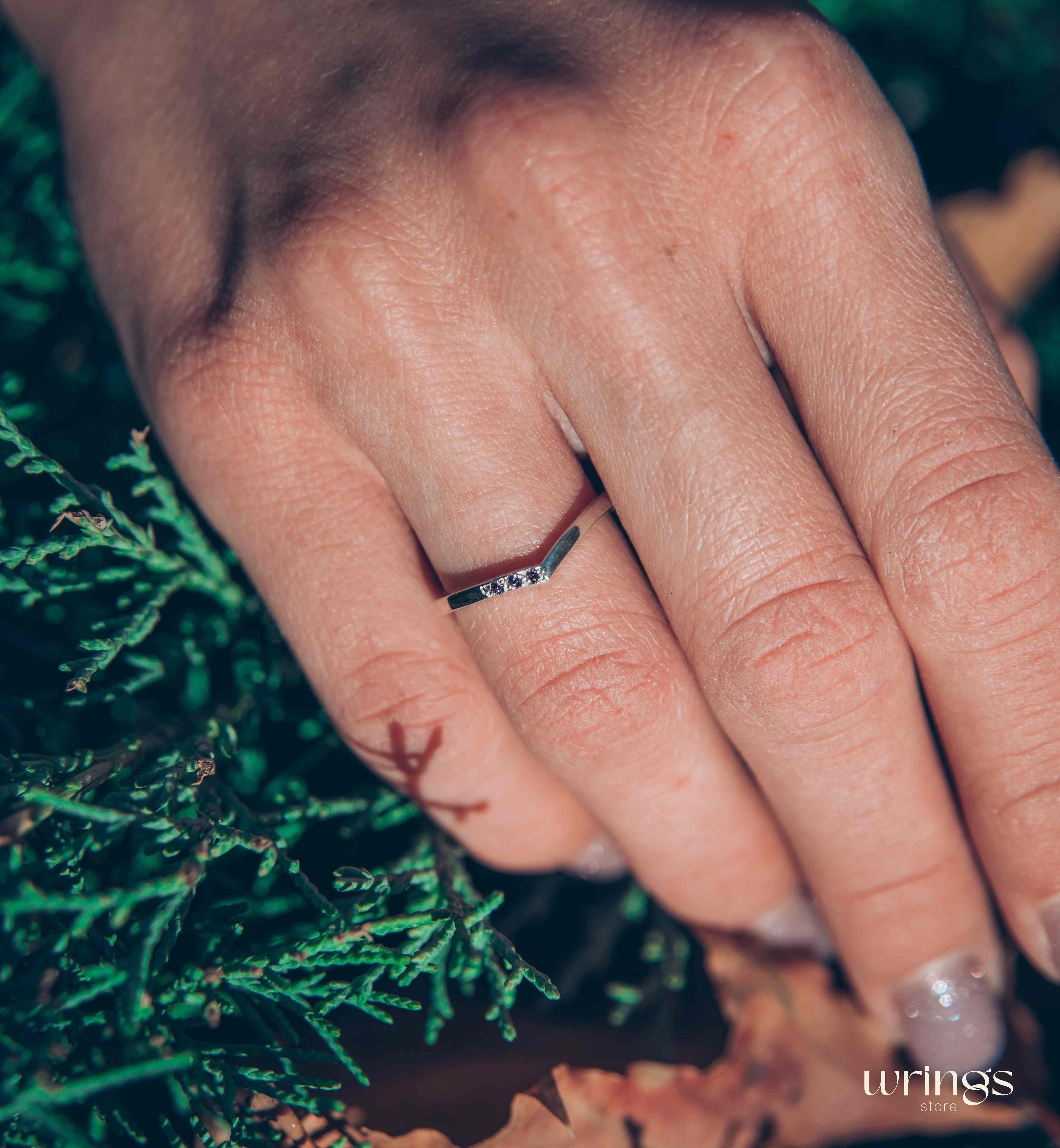 Silver Curved Chevron Wedding Band with 3 Amethysts