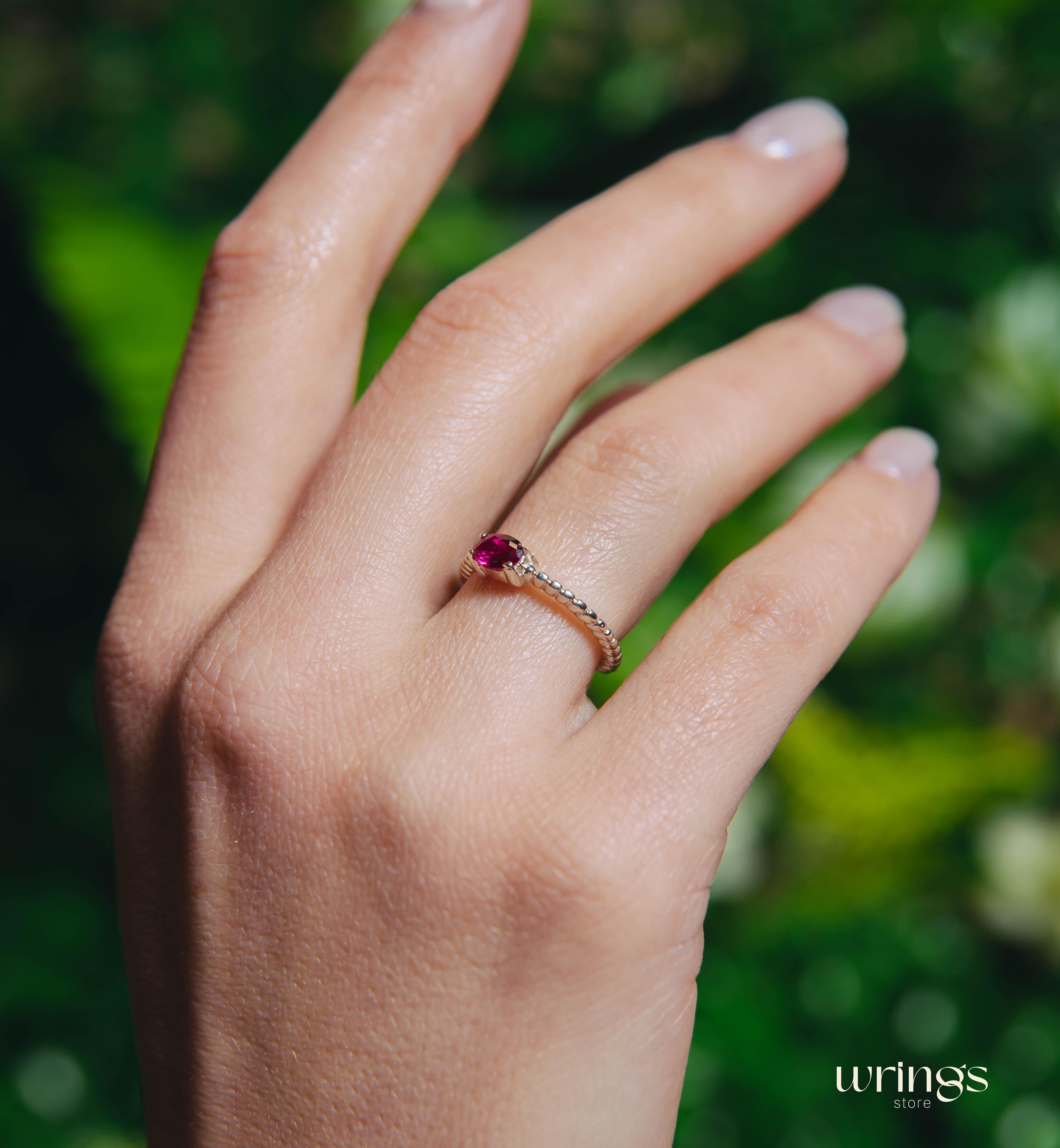 Dainty Beaded Silver Engagement Ring Pink Tourmaline