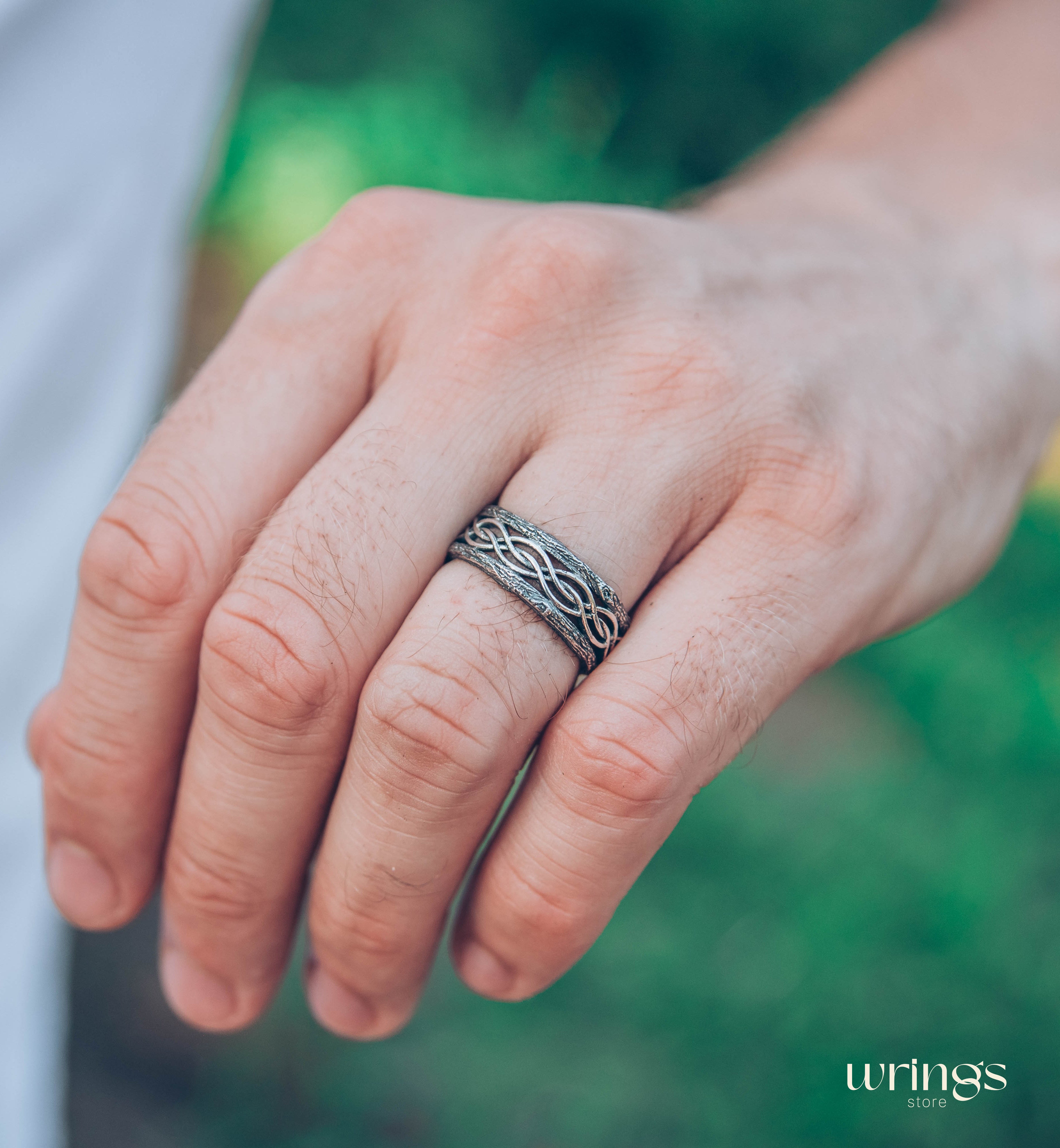 Silver Tree bark and Wavy lines Braided Wedding Band