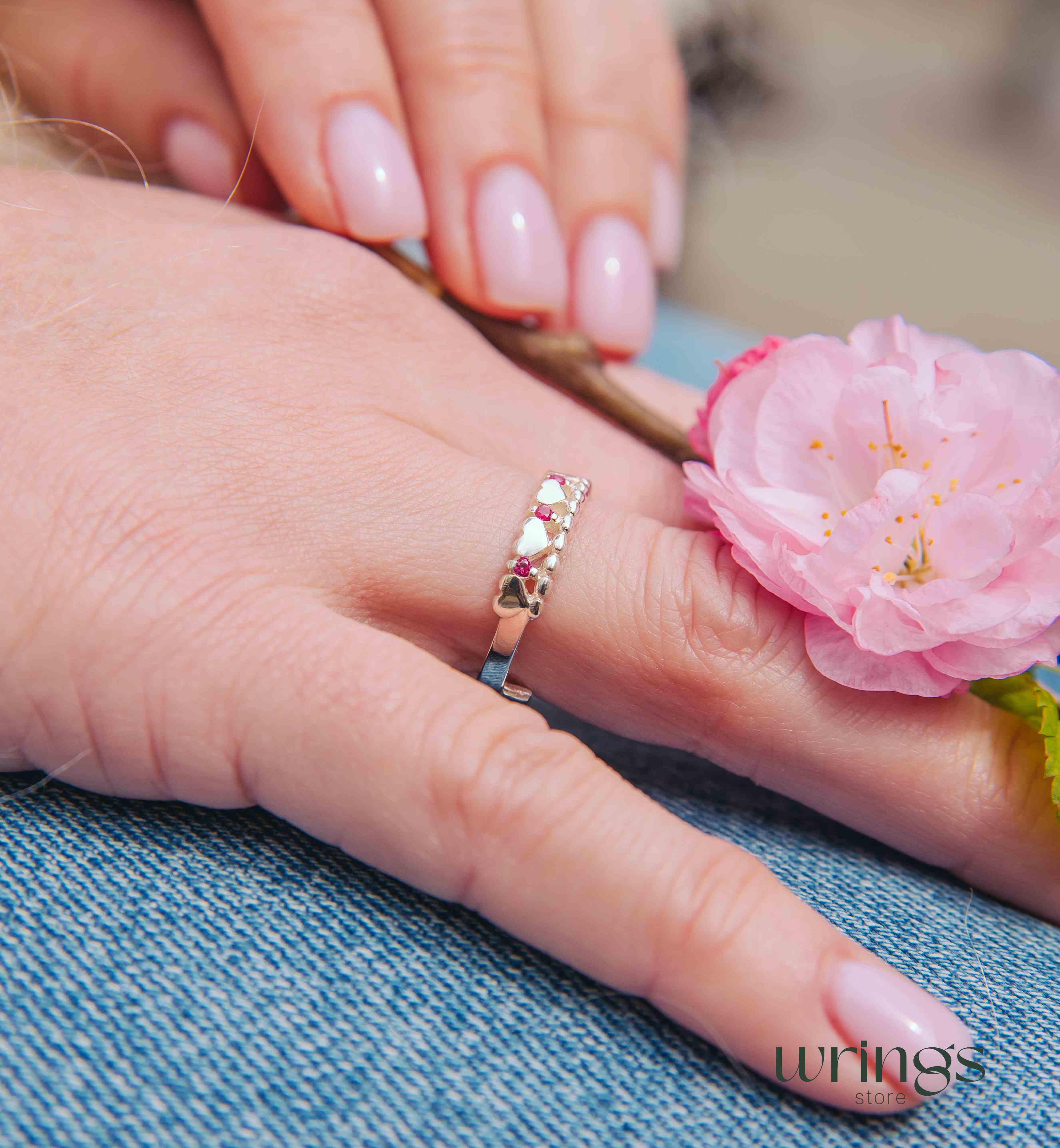 Genuine Multiple Rubies Silver Beaded Heart Promise Ring