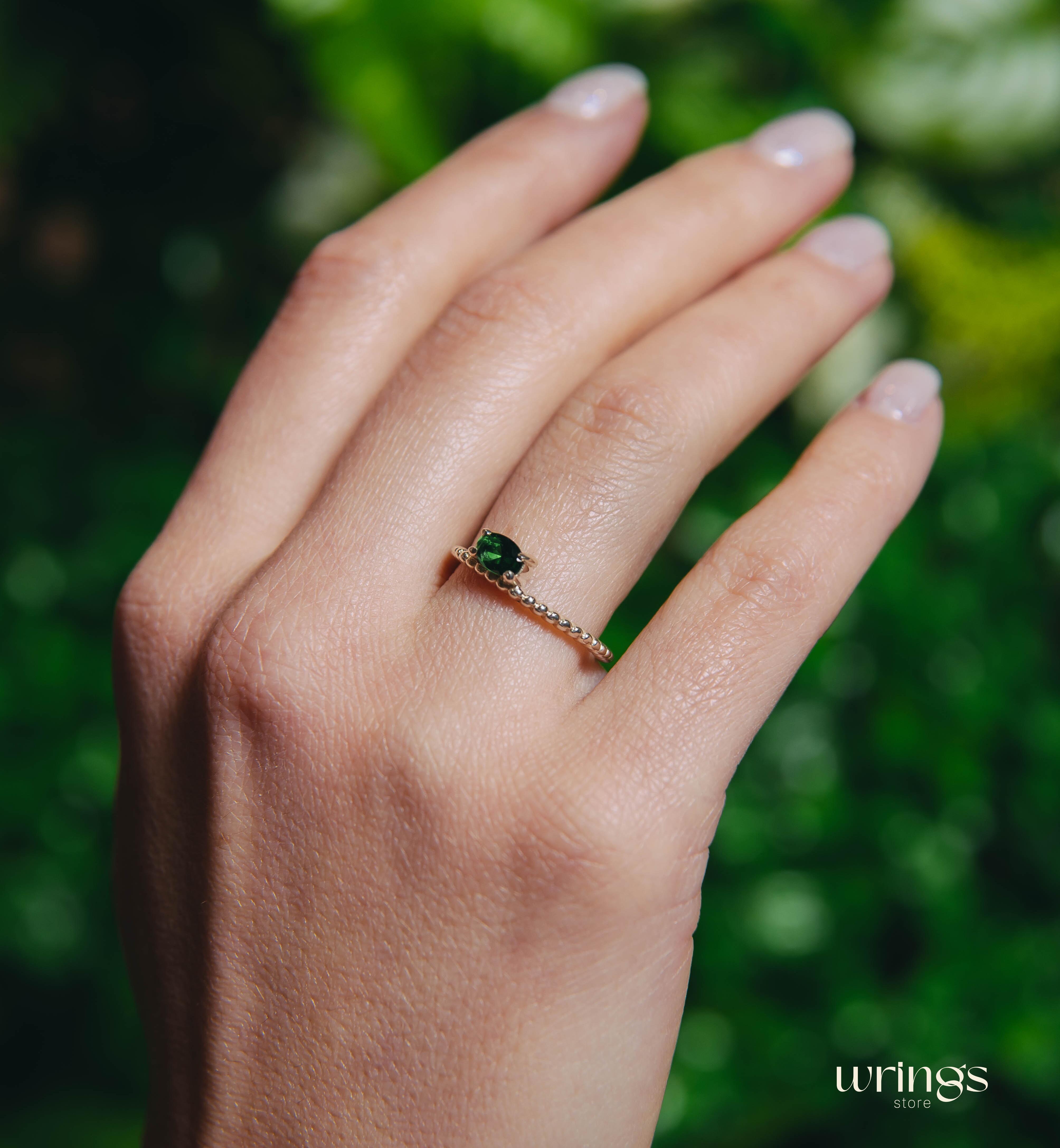 Thin Silver Beaded Engagement Ring with Green Tourmaline