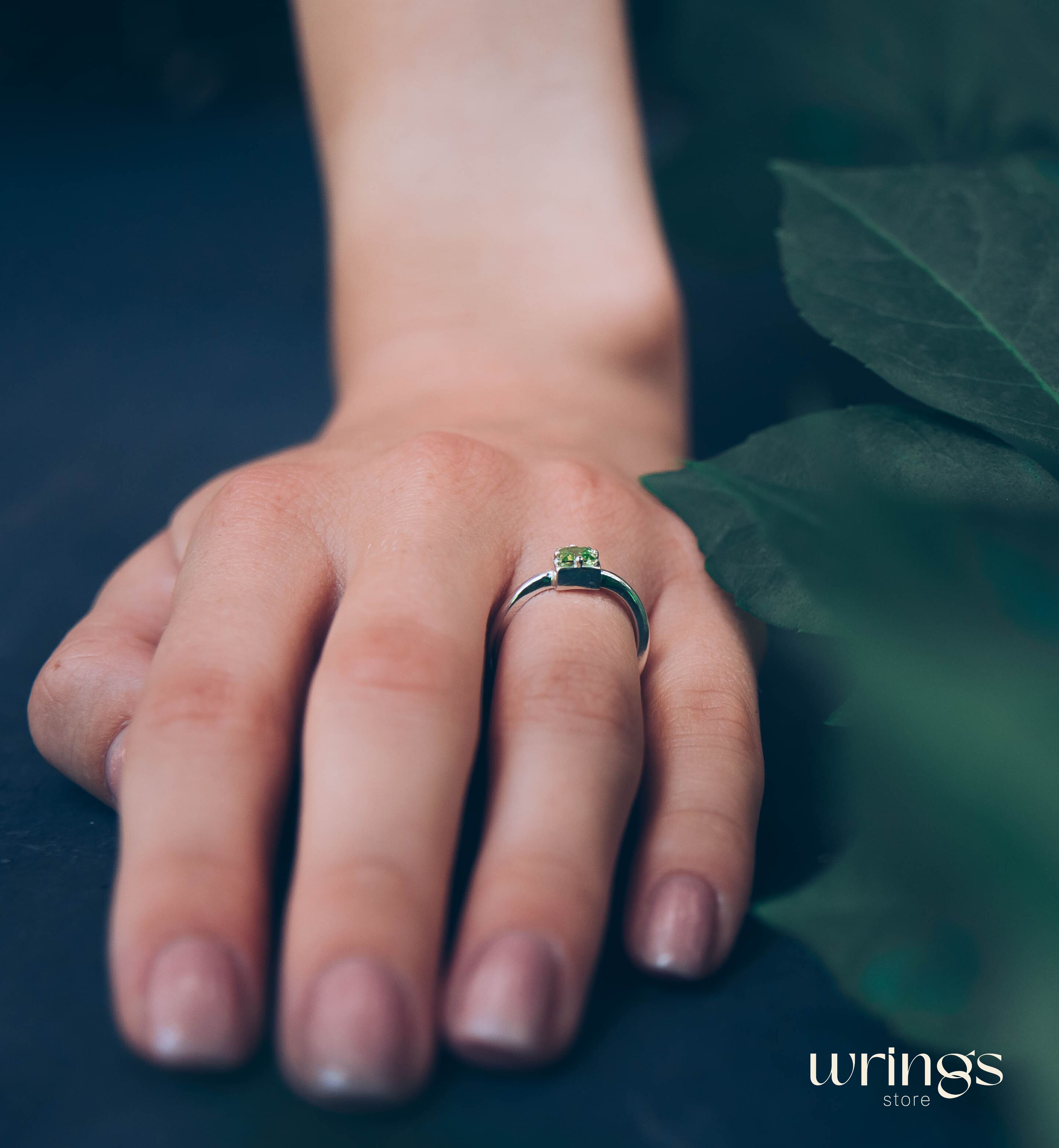 Square Peridot Simple Silver Engagement Ring