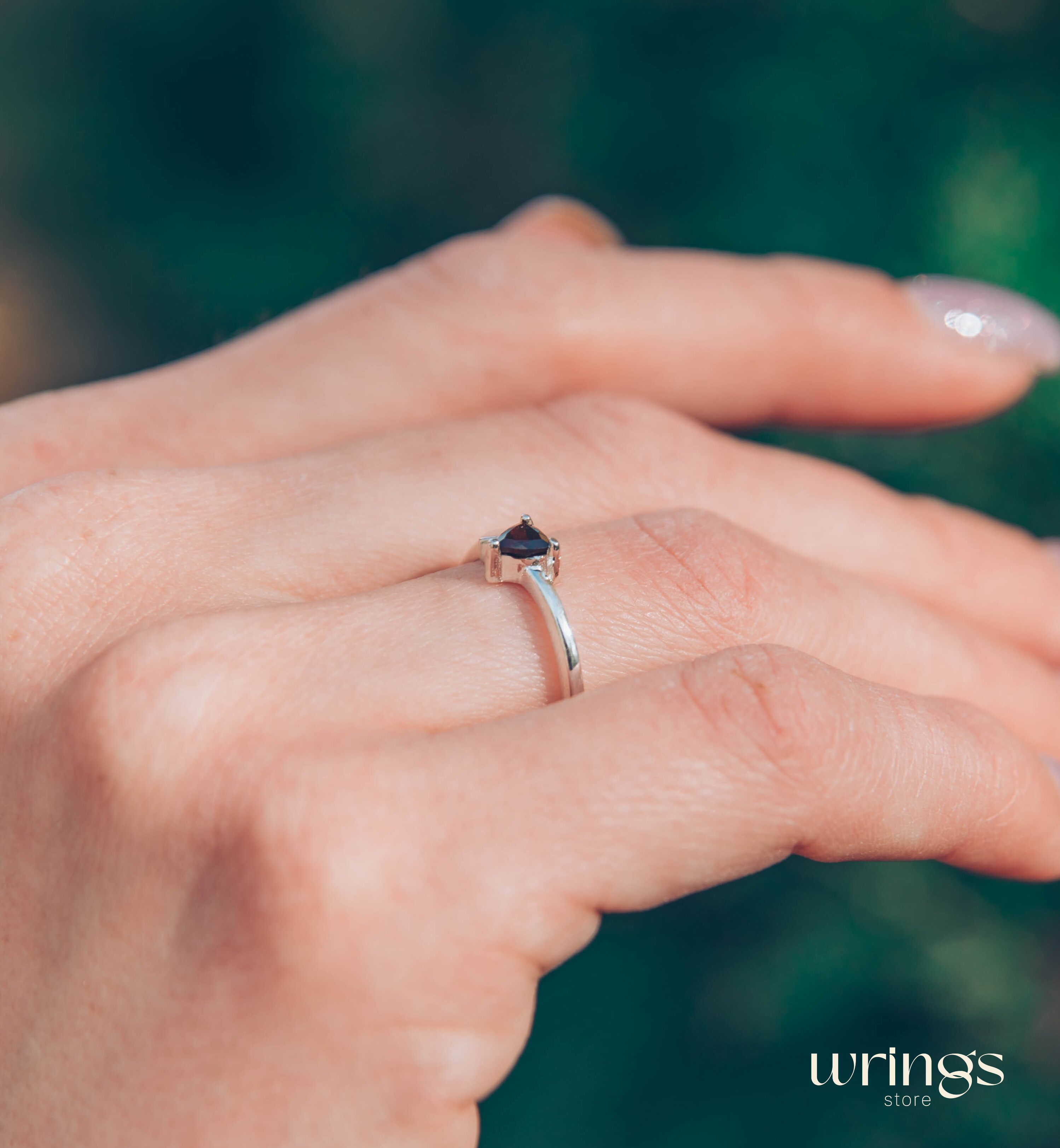 Trillion cut Garnet Silver Ring with Side Heart