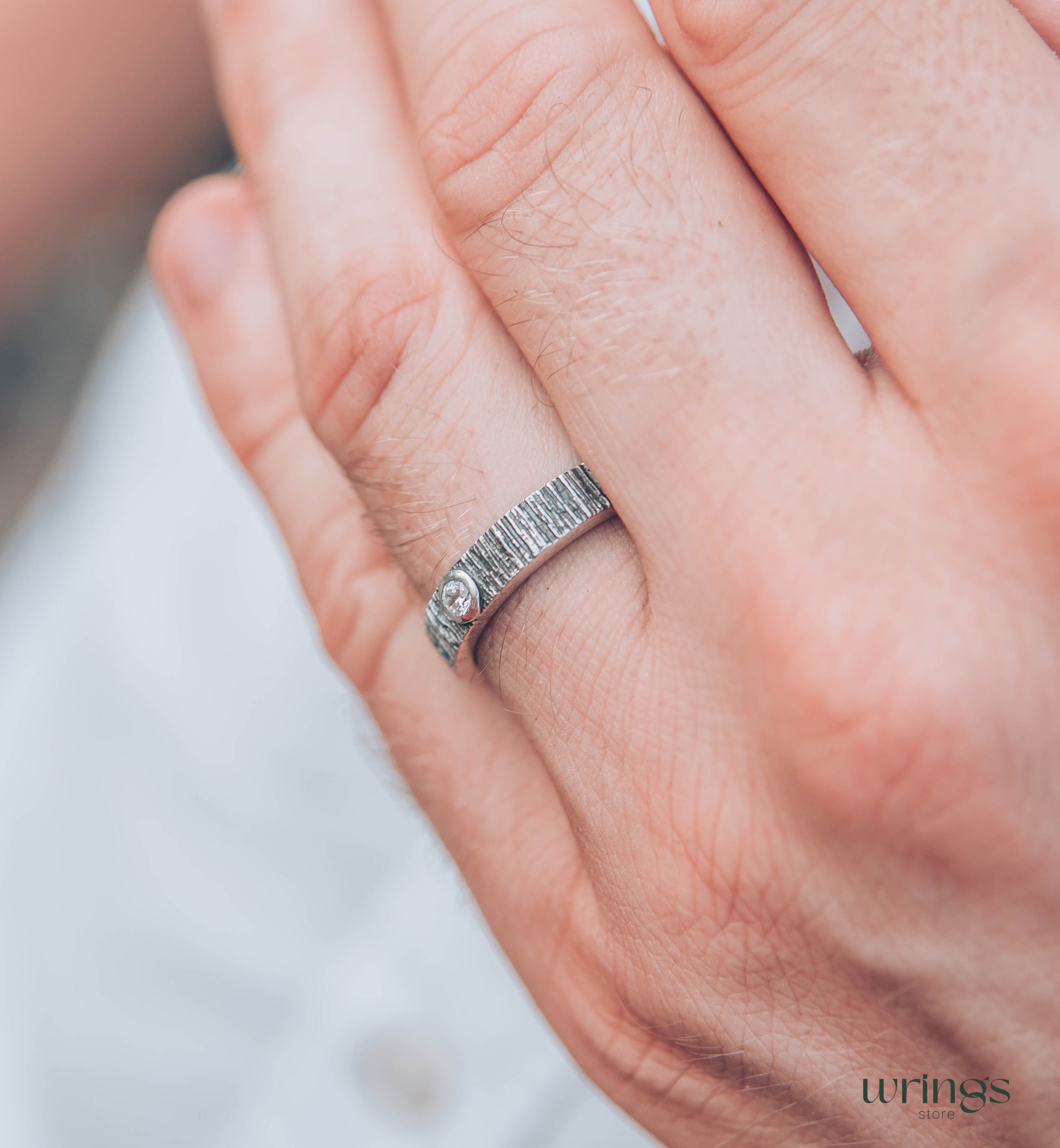 Bezel Diamond and Tree Bark Textured Silver Wedding Ring