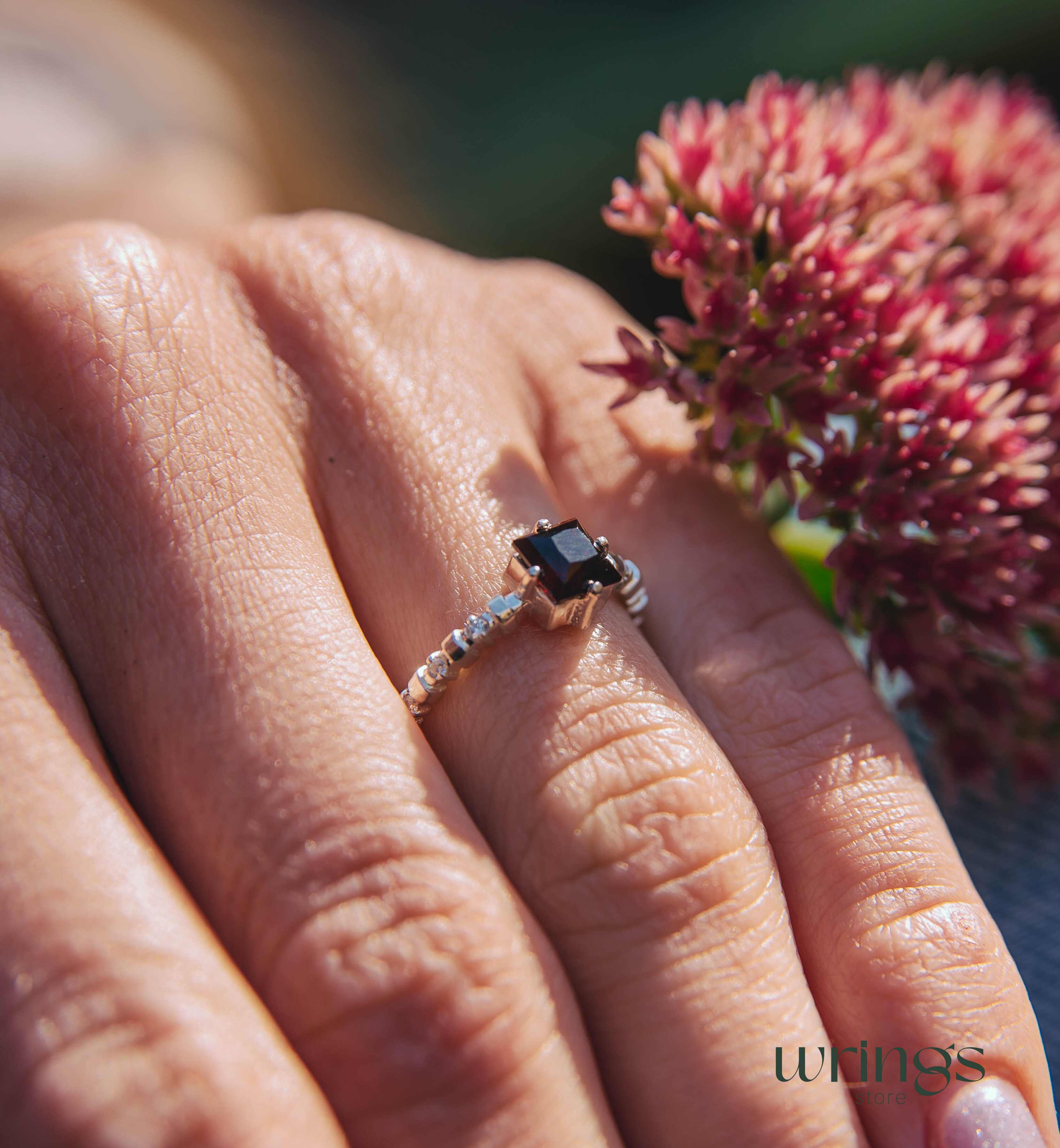 Square cut Garnet Engagement Ring Silver Beaded Band & CZ