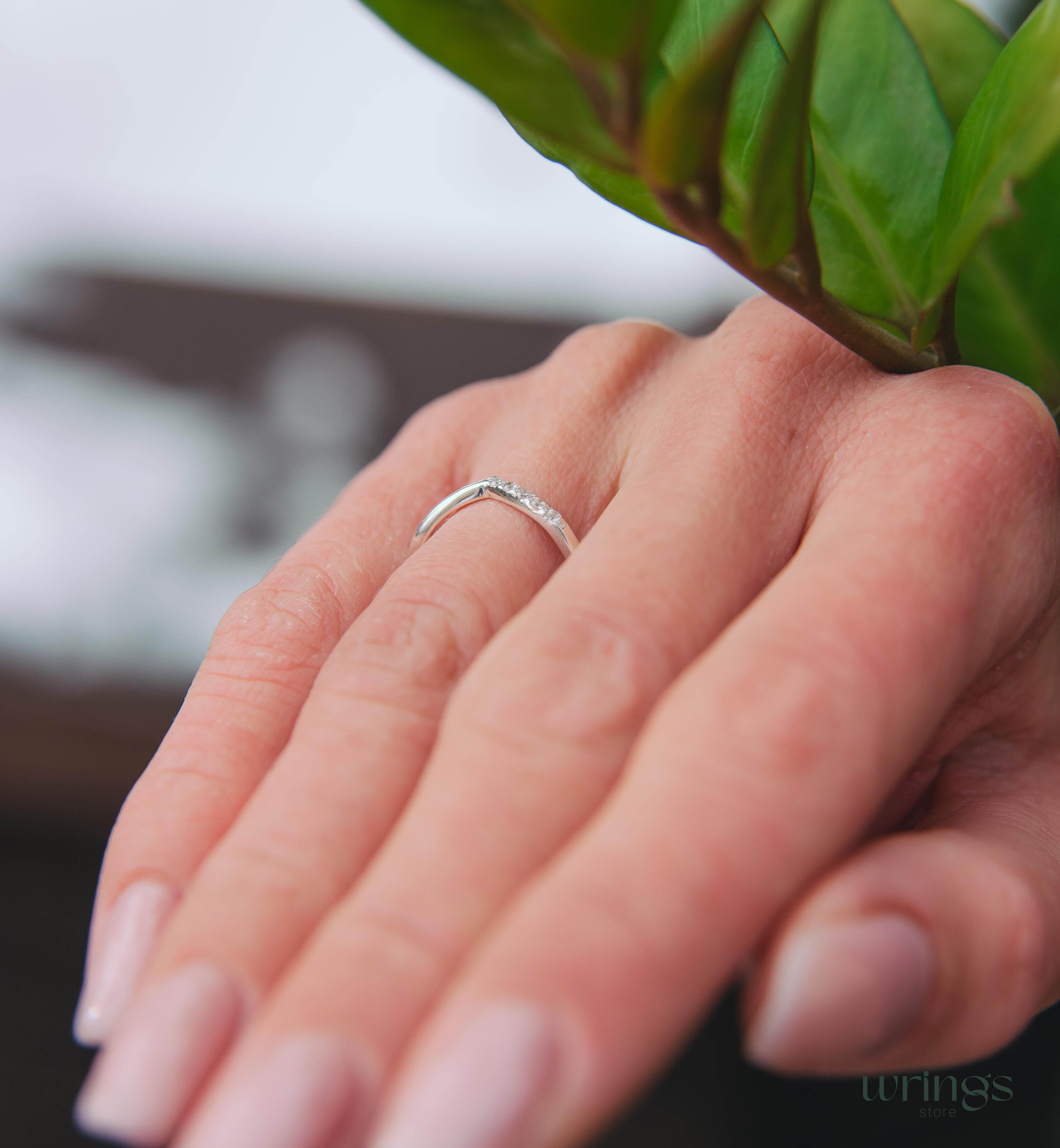 Curved Chevron Diamond Wedding Band Sterling Silver
