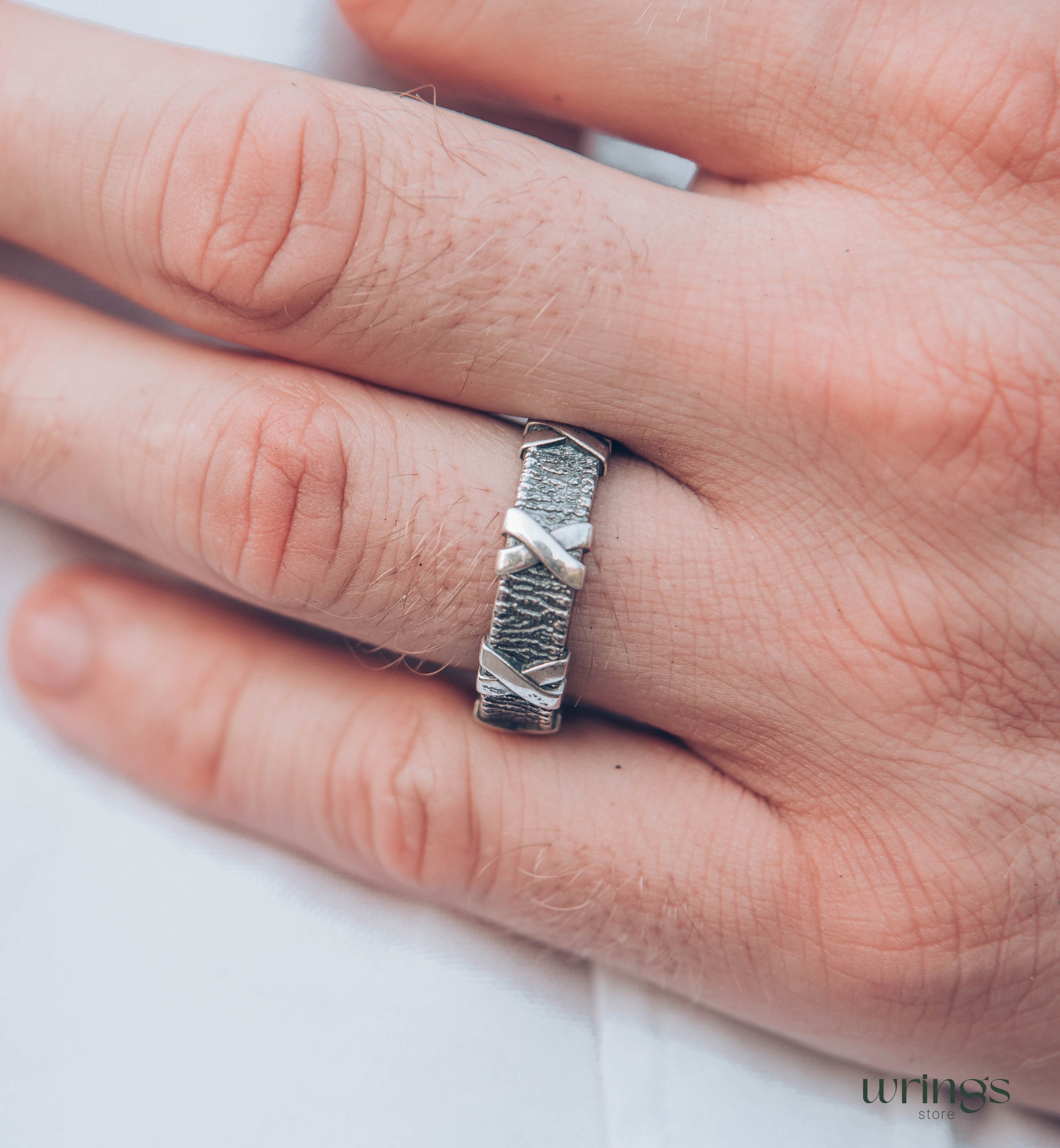 Cross and Tree bark Men's durable Ring — Wild Nature Wedding Band