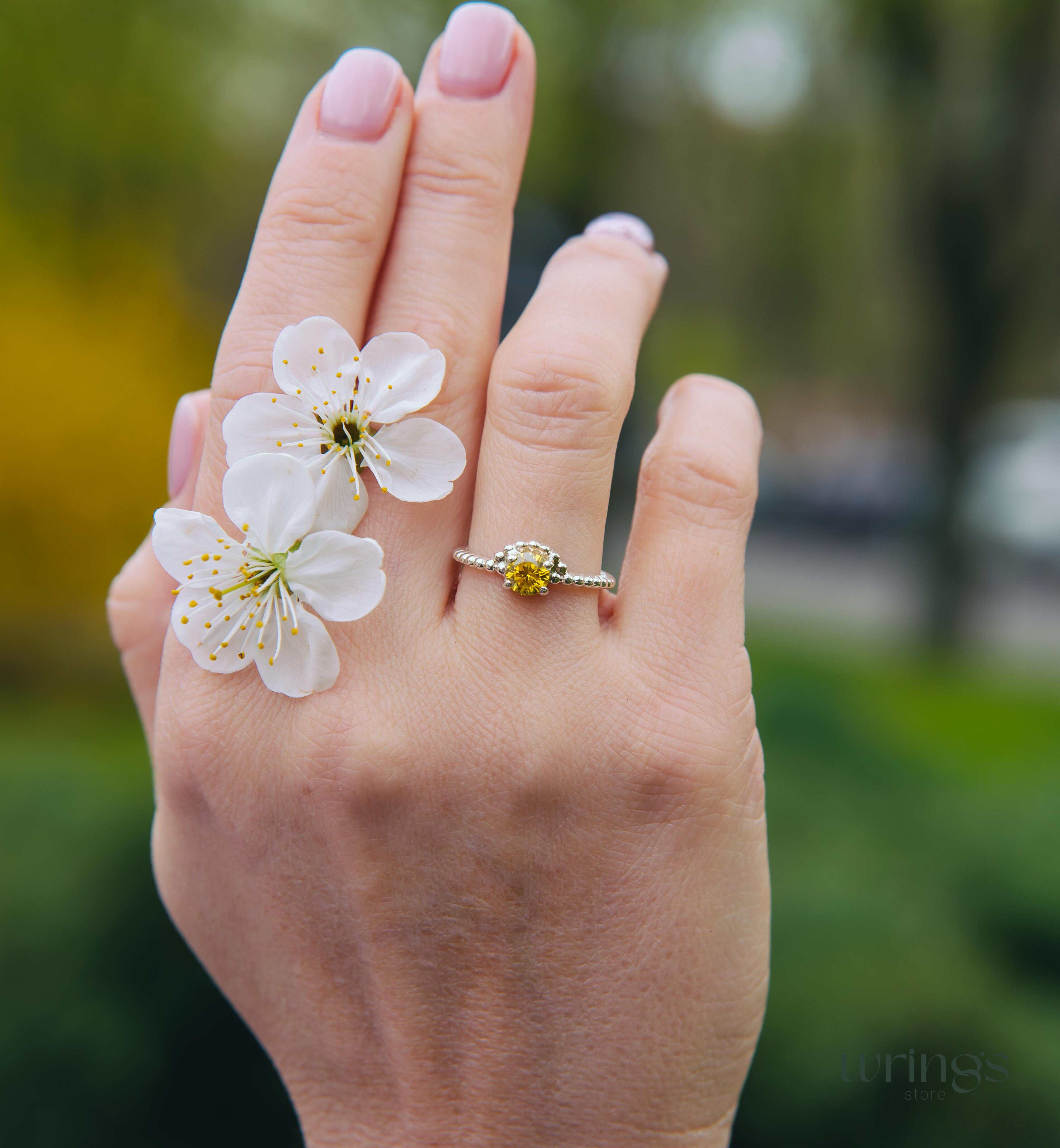 Large Round Citrine Gemstone Statement Silver Bead Ring