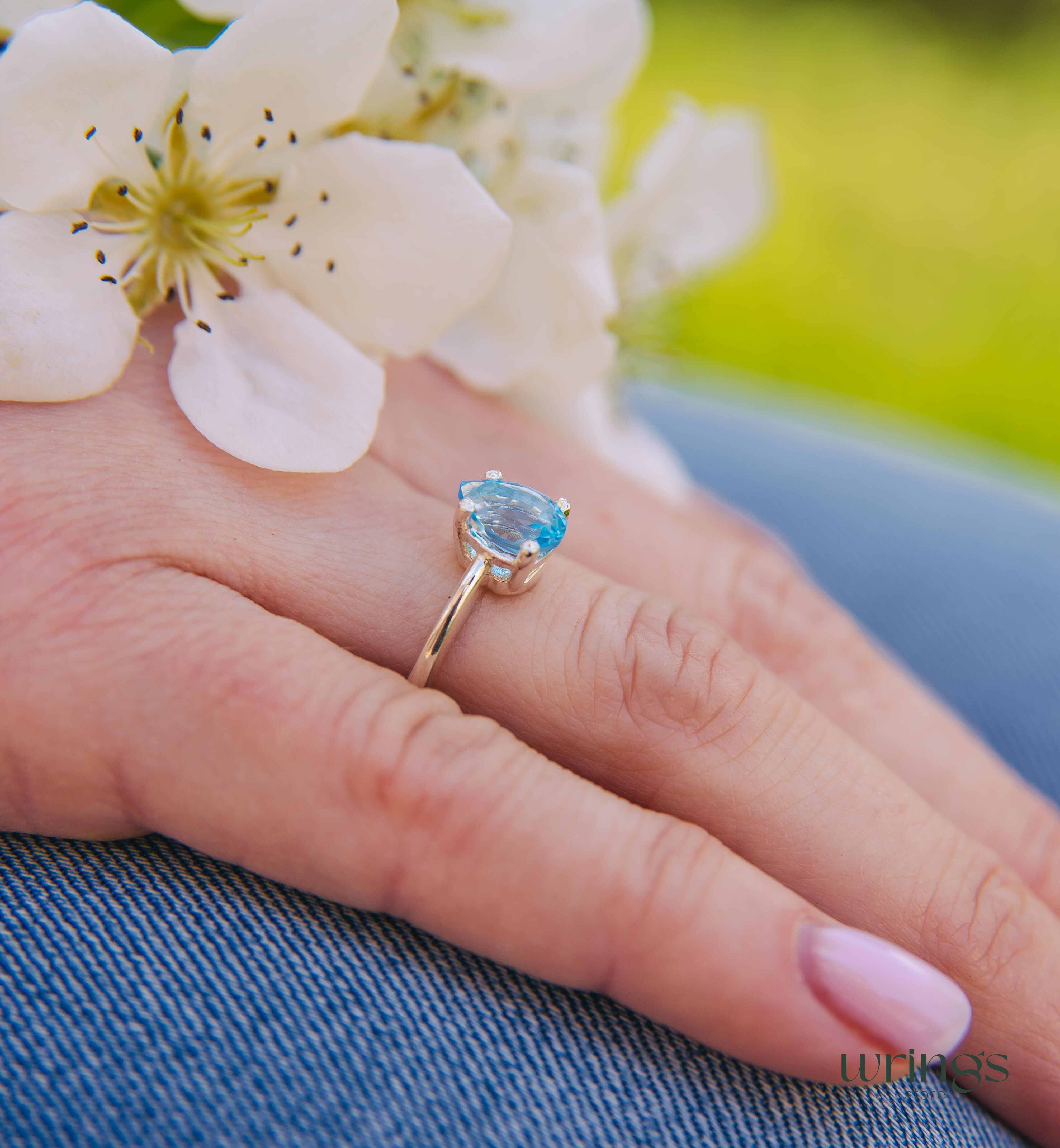 Large Natural Pear Swiss Topaz Solitaire Ring Silver