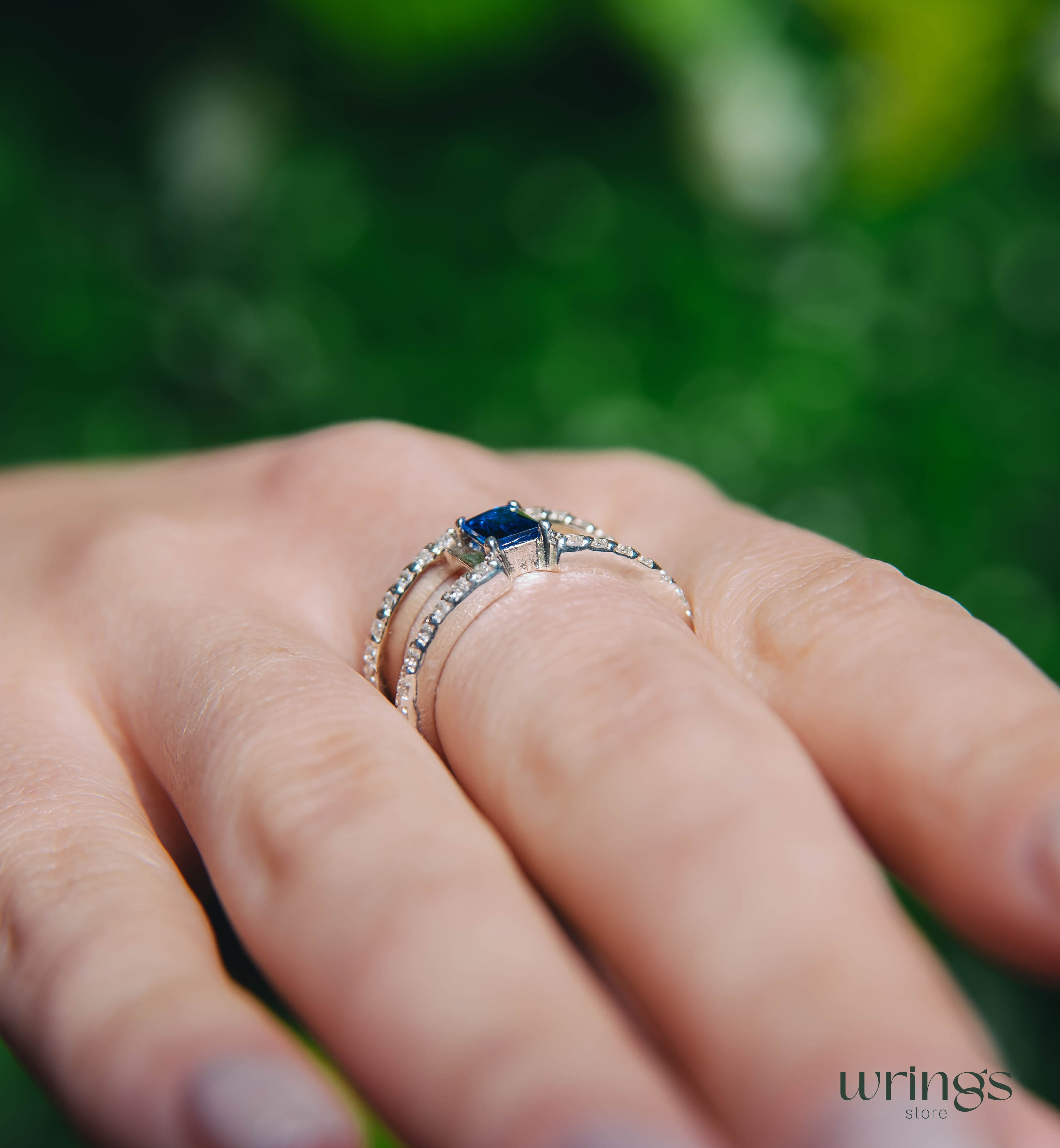 Octagon Cut Blue Topaz Double Engagement Ring Diamonds