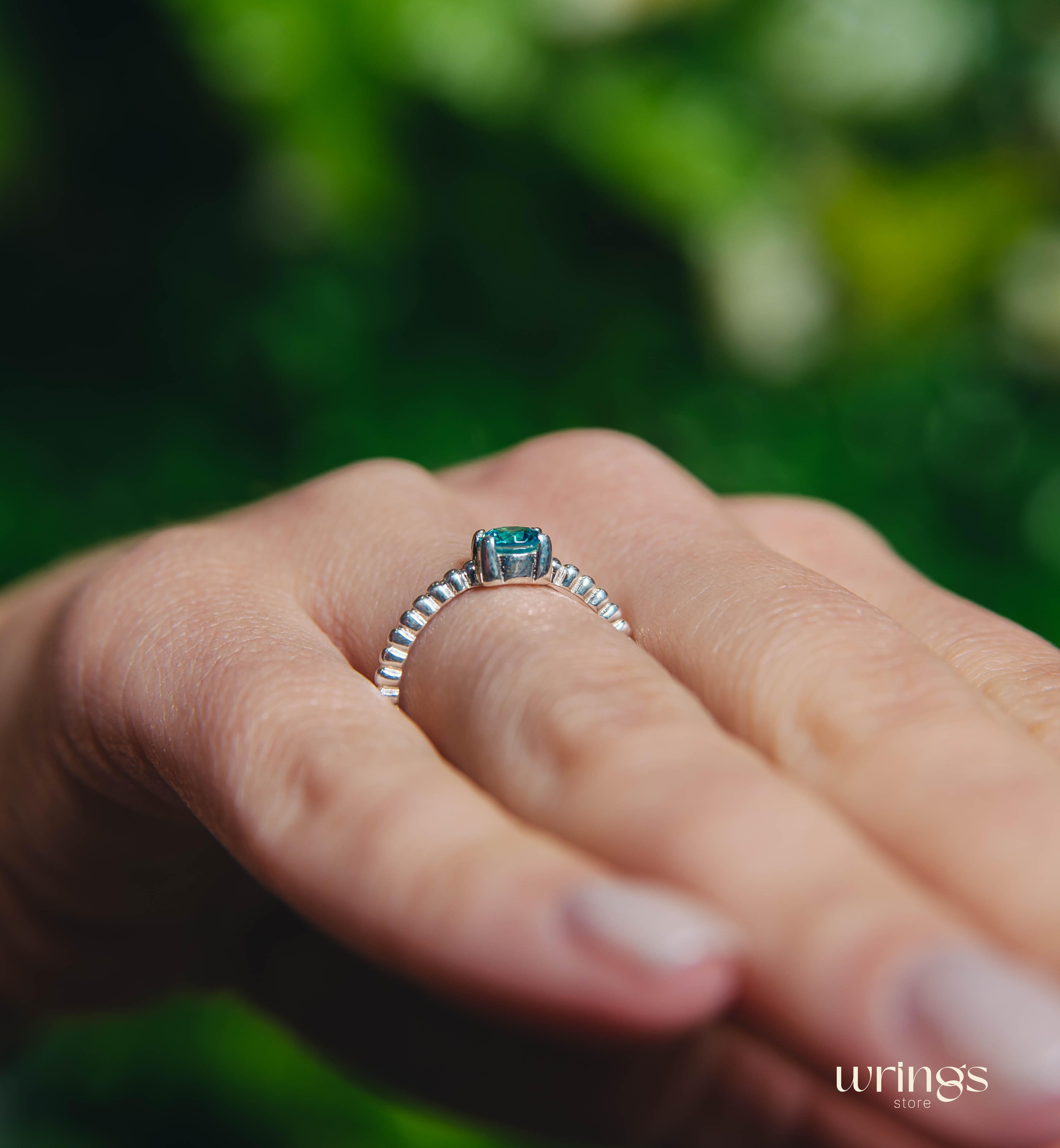 Delicate Thin Beads Silver Engagement Ring BlueTopaz