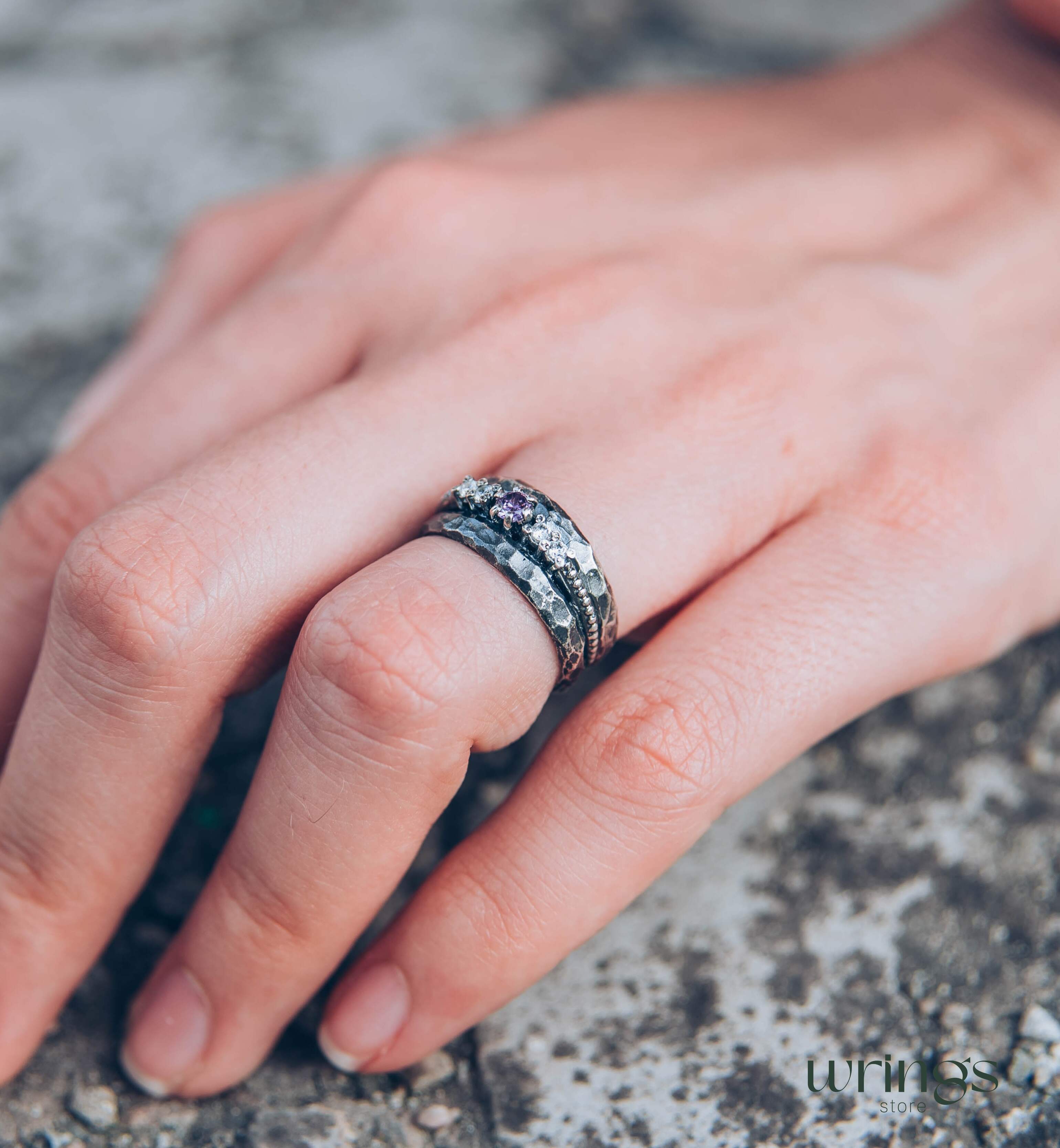 Unique Silver Women's Hammered Ring with Amethyst and CZ