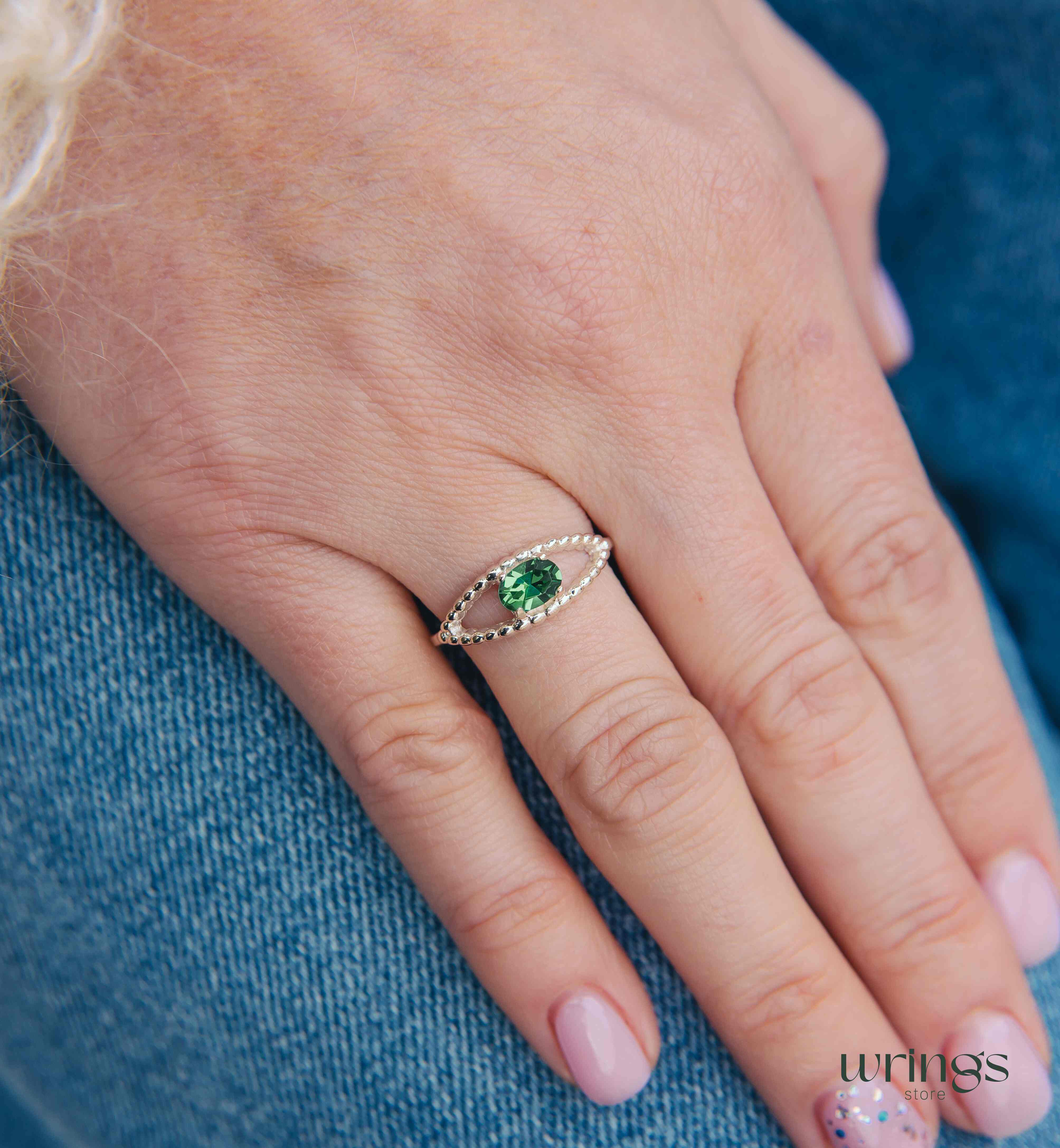 Beaded Silver Evil Eye Ring with Magical Green Quarz