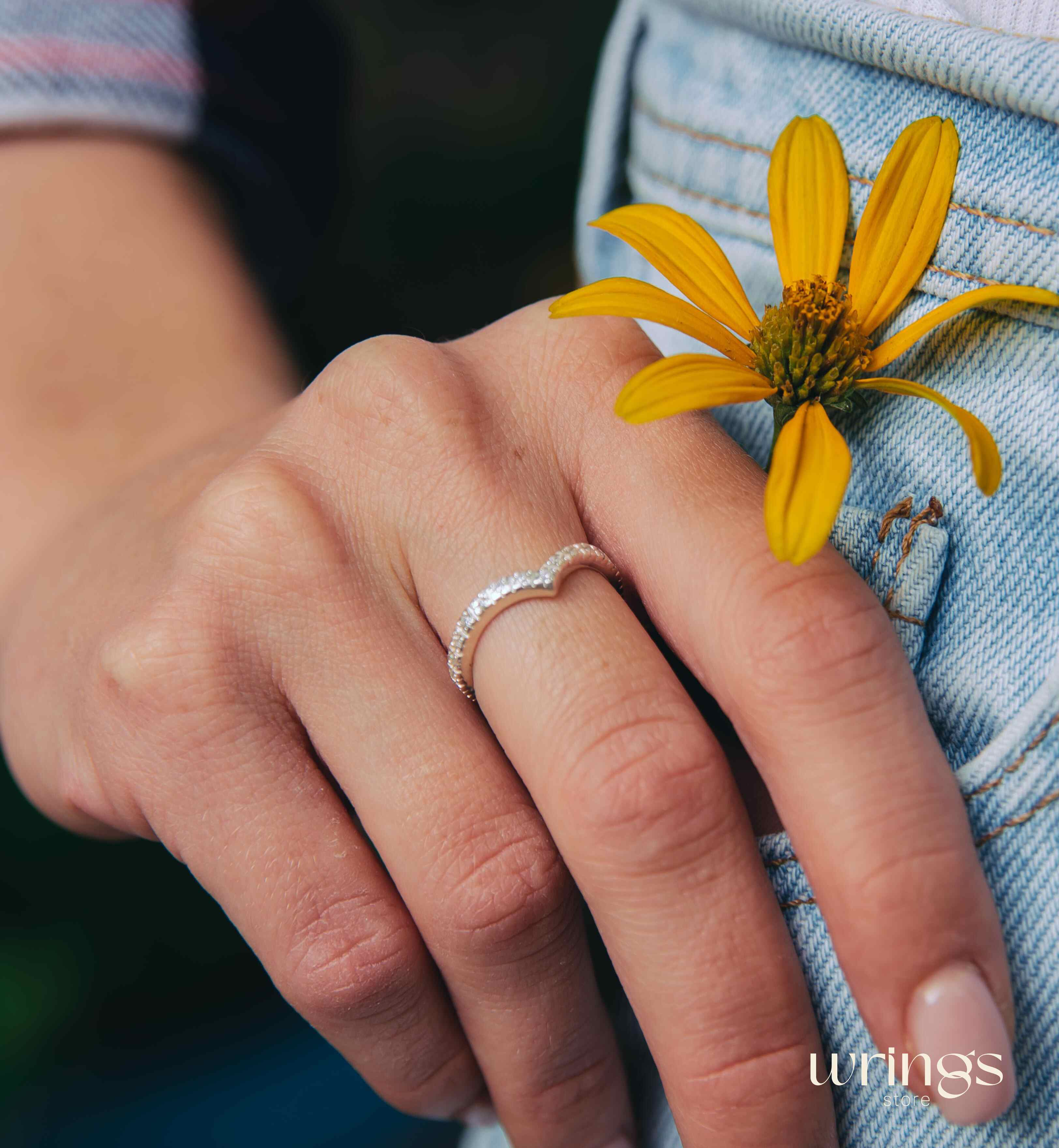 Silver Chevron Wedding Ring Many Custom White Stones