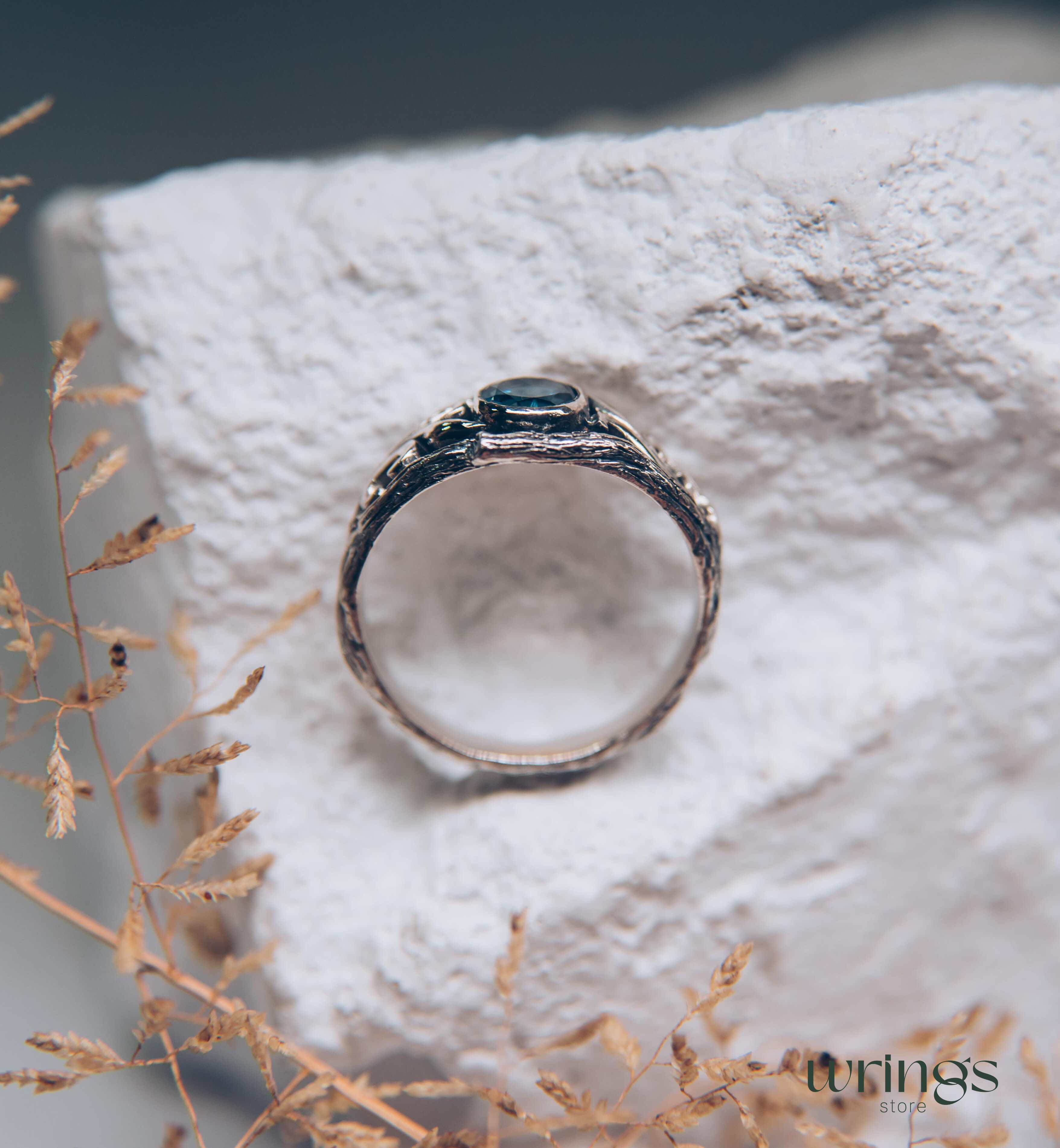 Bezel London blue Topaz with Vine and Branch Engagement Ring