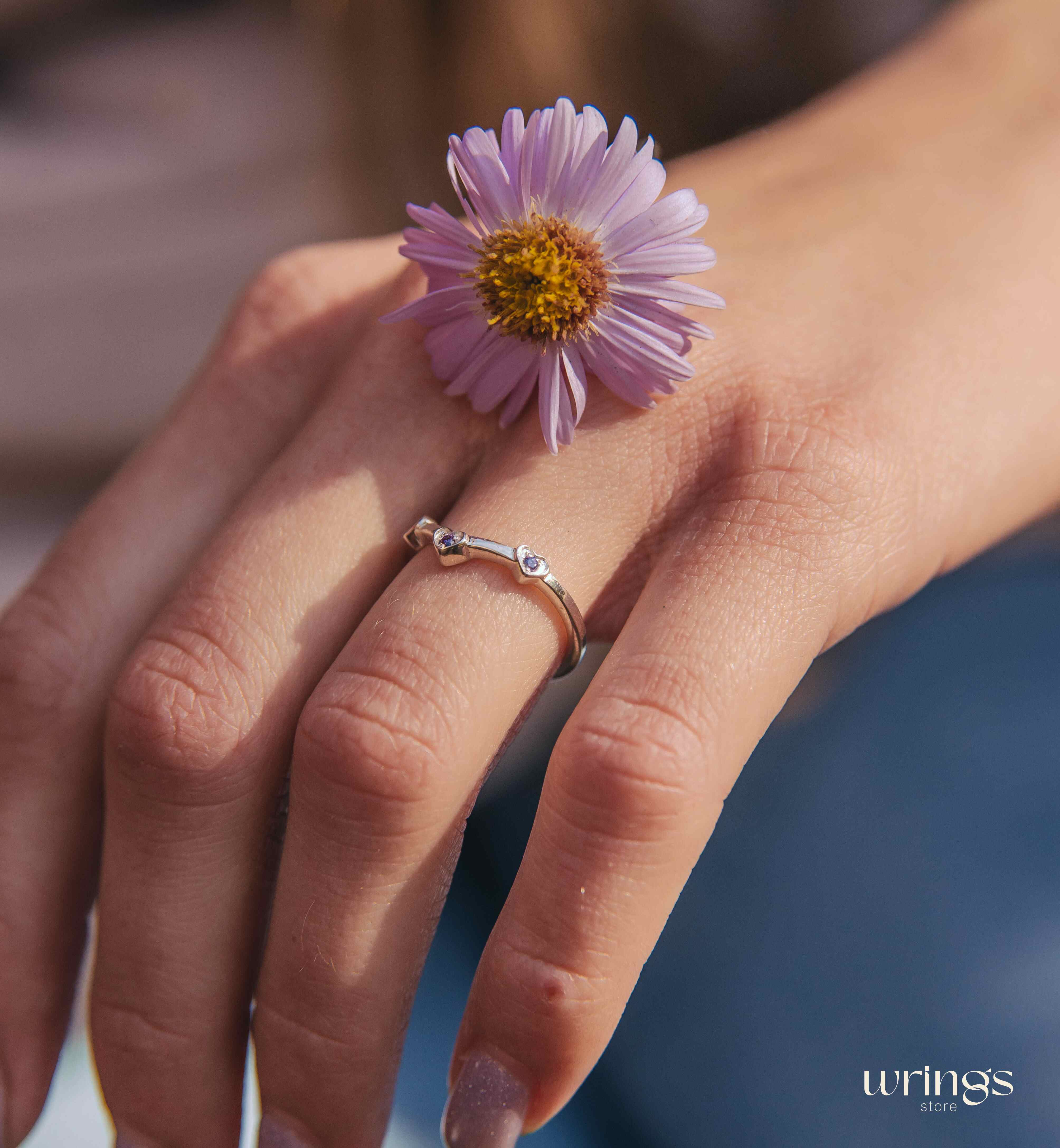 Three Hearts with Amethysts Silver Curved Ring