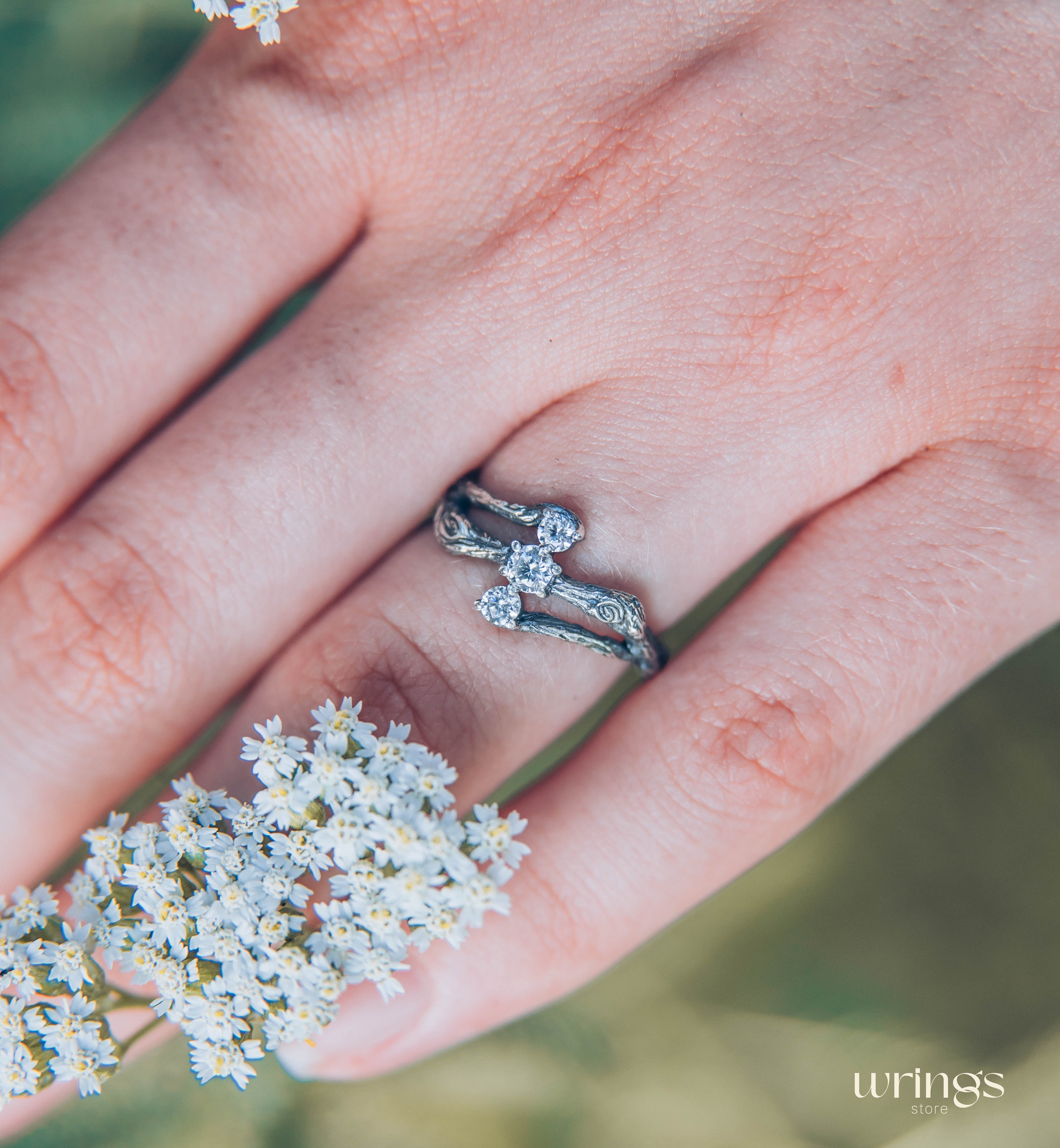 Three Stones on a Three Silver Twigs Cute Engagement Ring