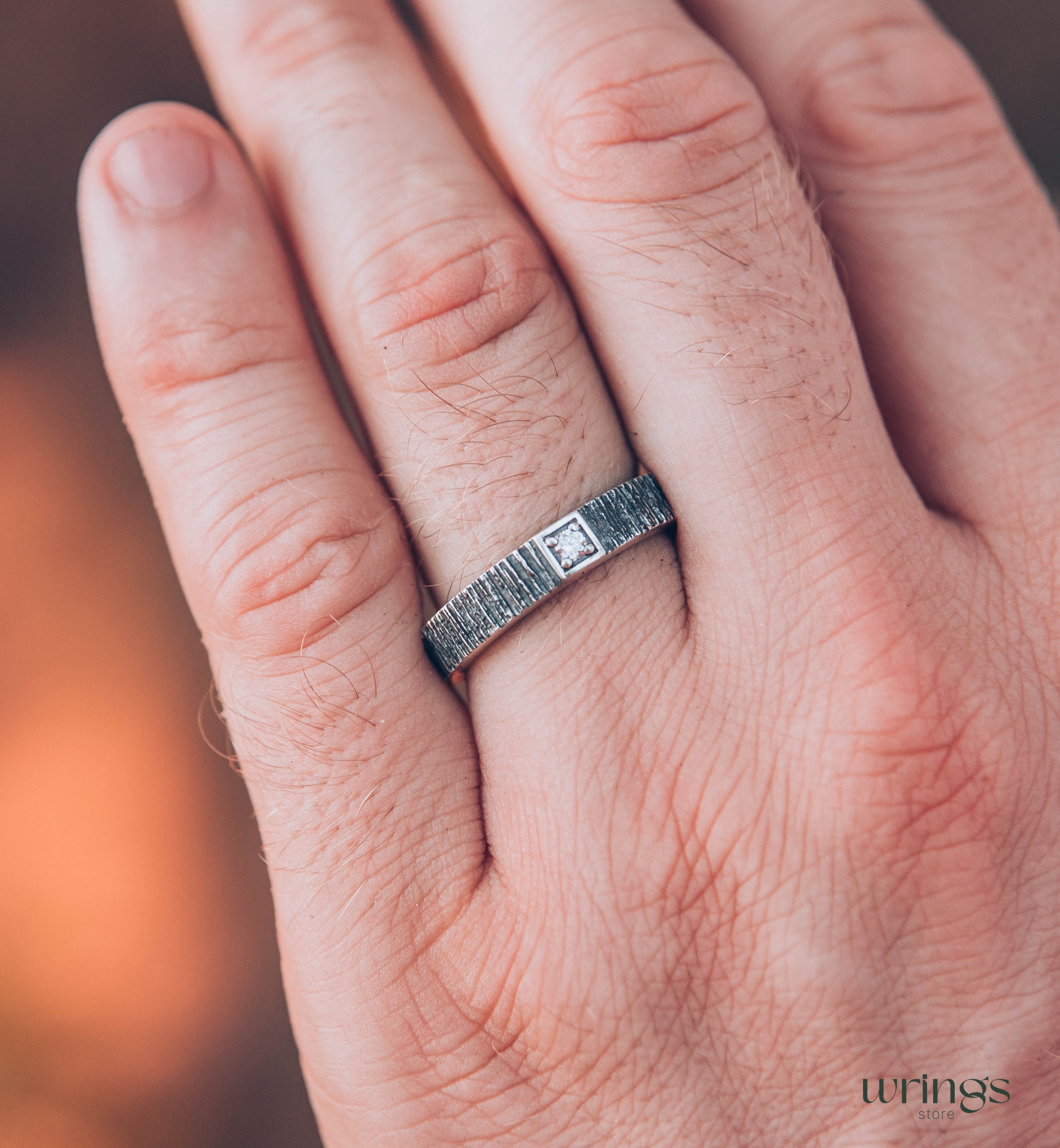 Simple Diamond Men's Wedding Ring band with Tree bark texture