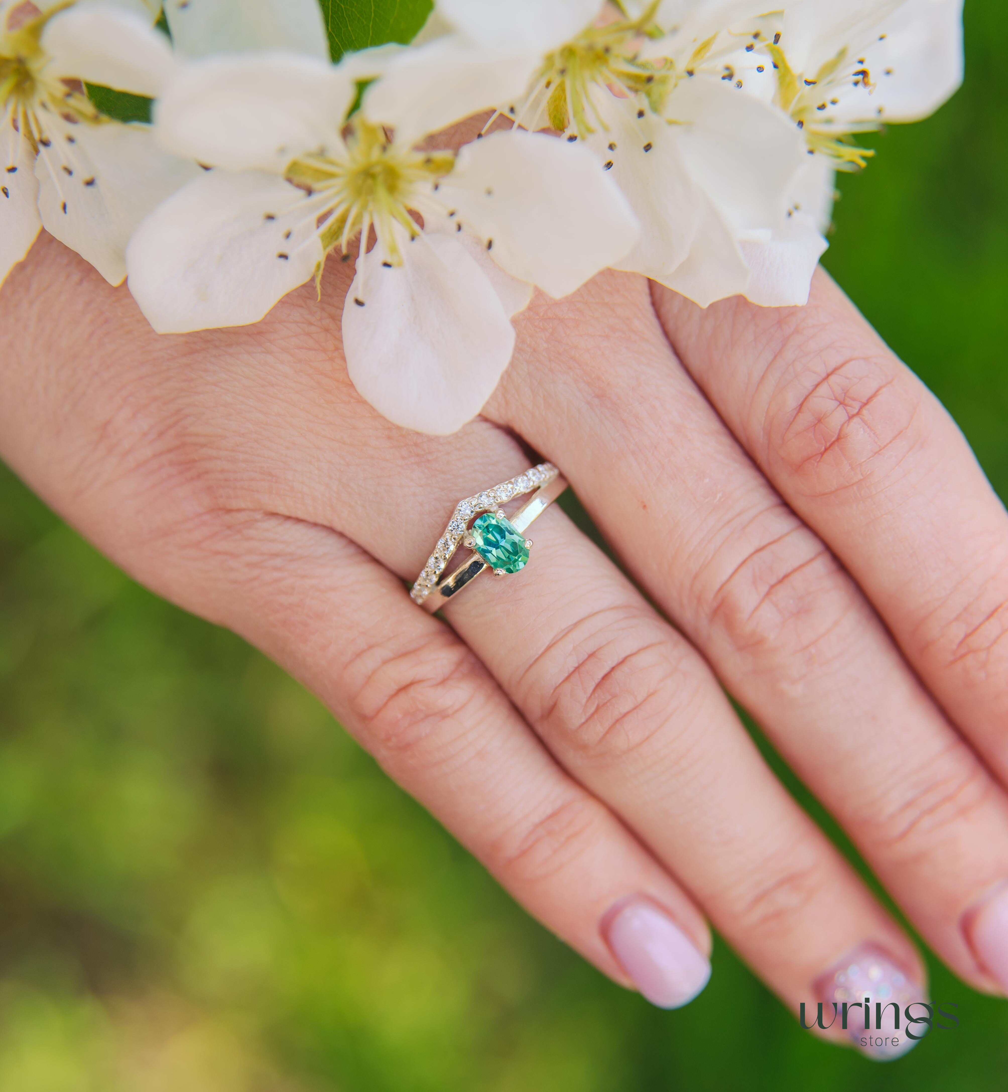 V Shaped Engagement Ring Vertical Oval Green Quartz & CZ