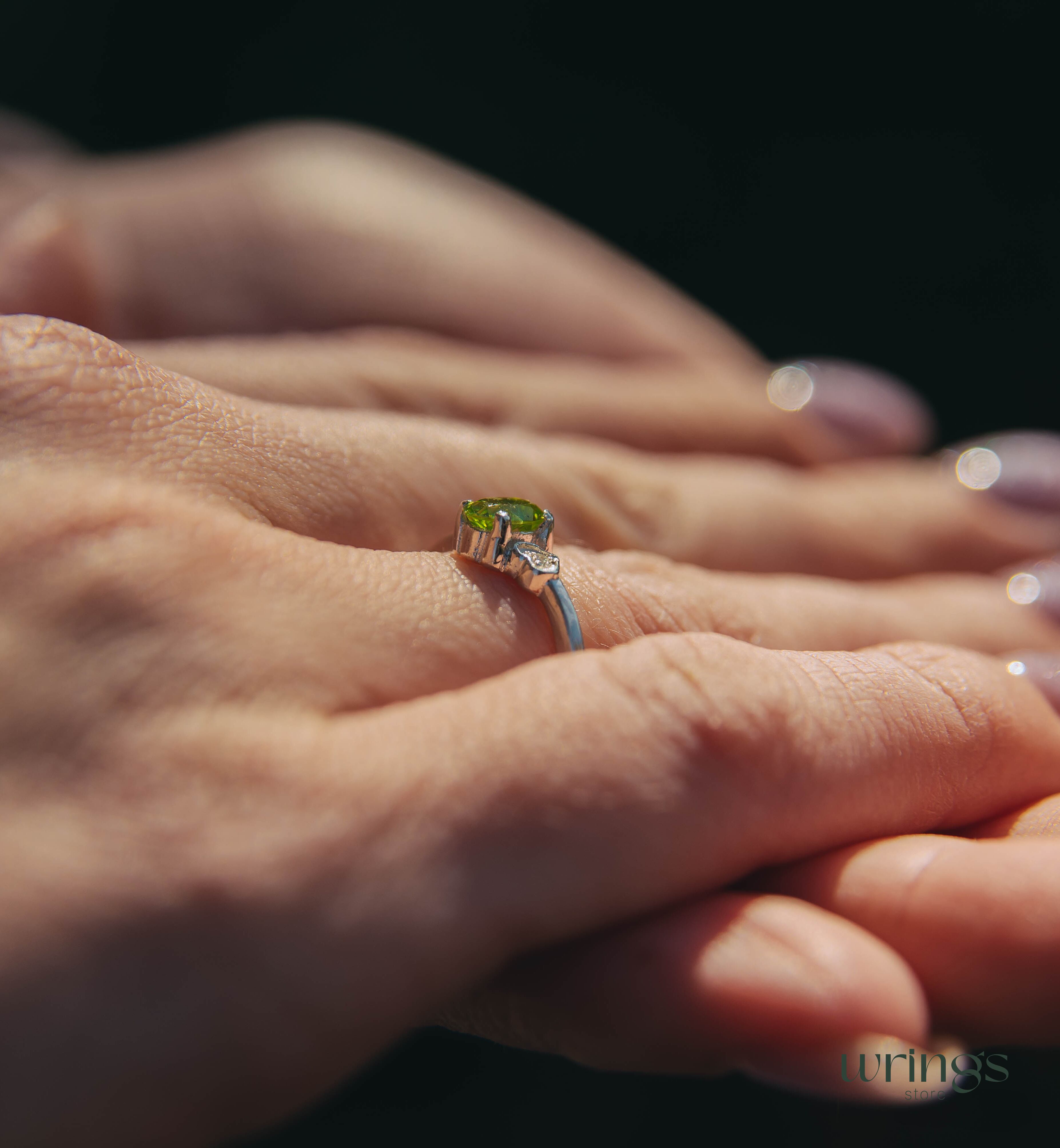 Vertical Oval Peridot Engagement Ring Silver & Heart