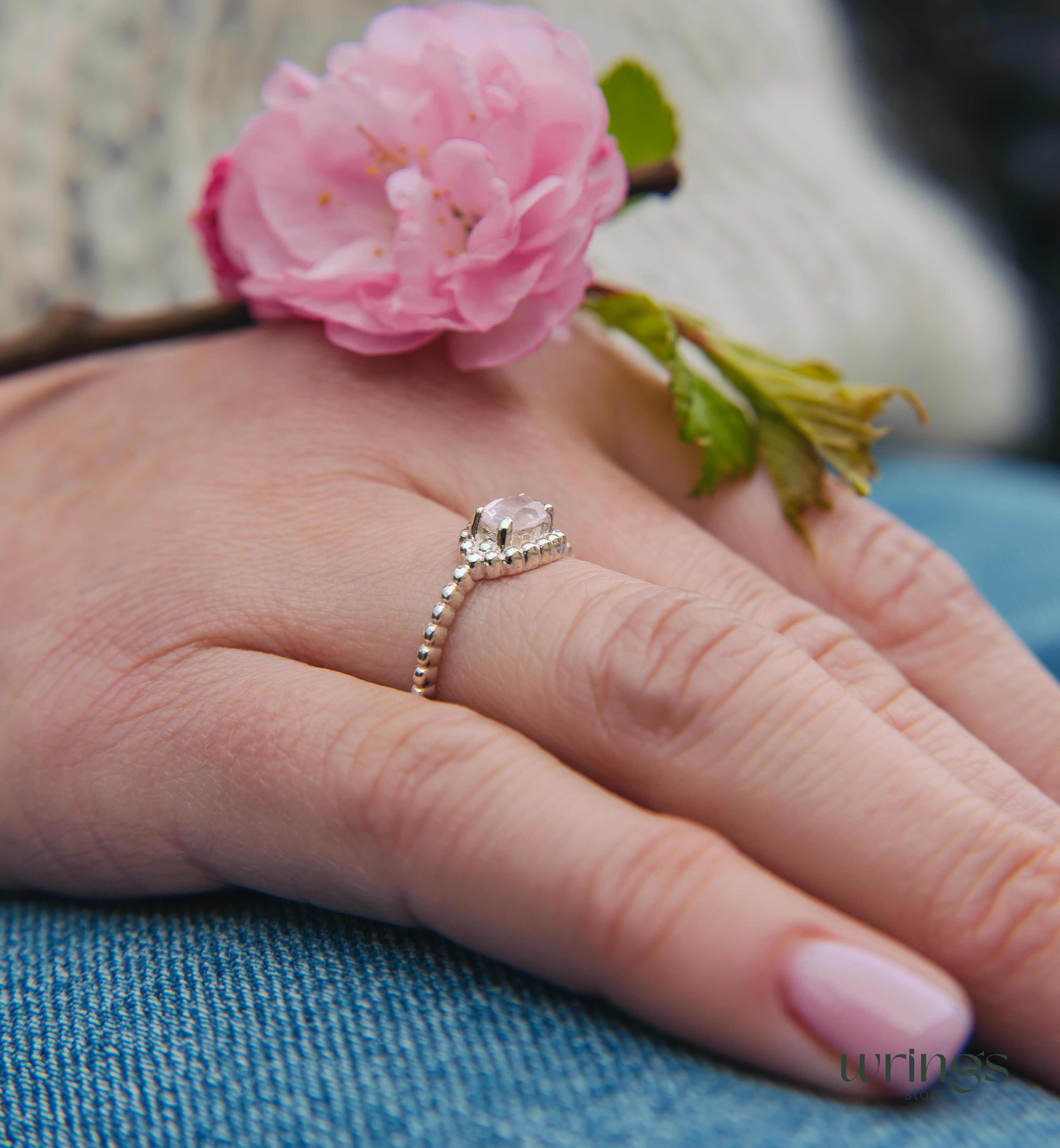 Large Peach Quartz Gemstone Statement Silver Bead Ring