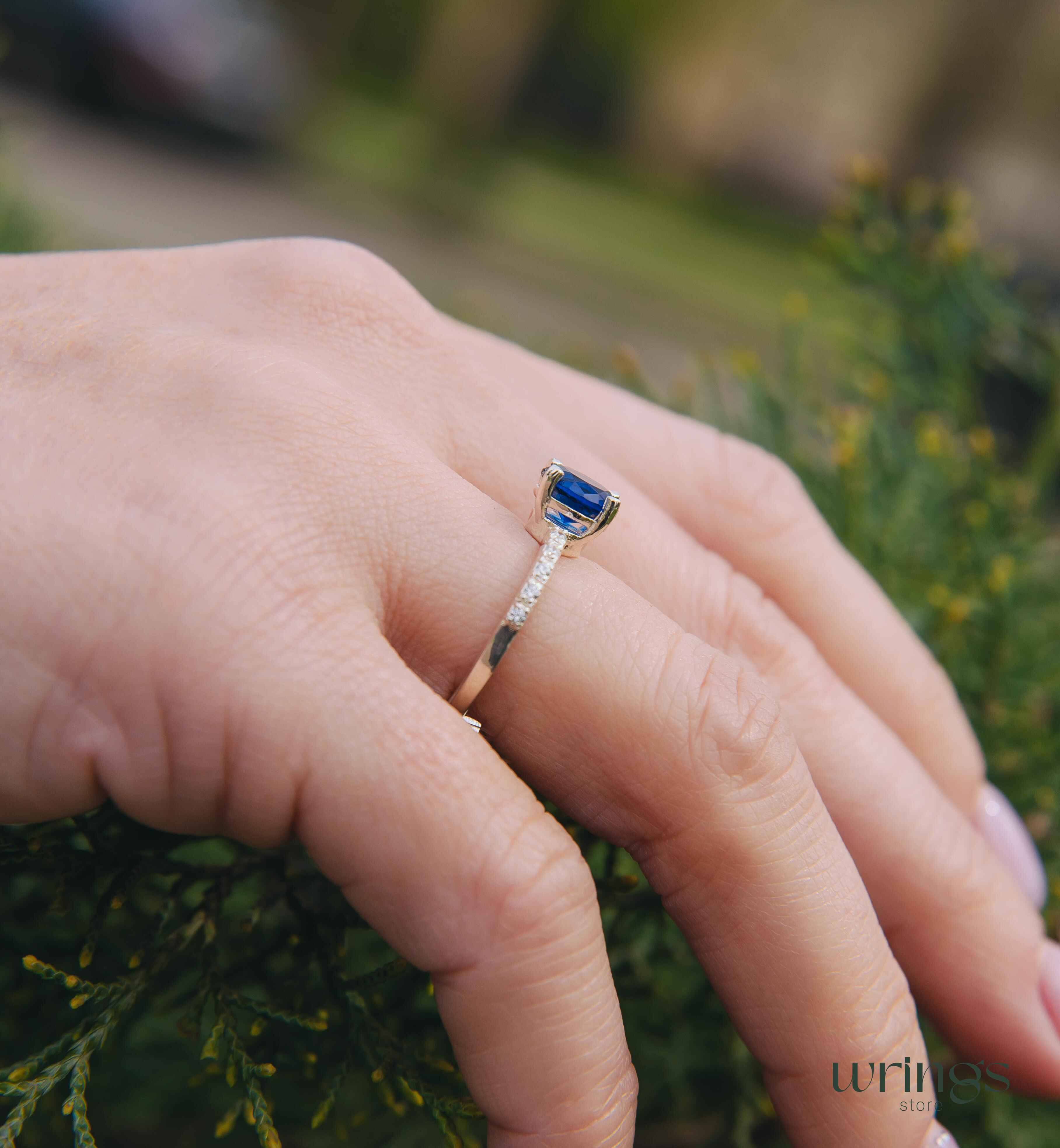 Large Simulated Sapphire Engagement Ring with Side Stones