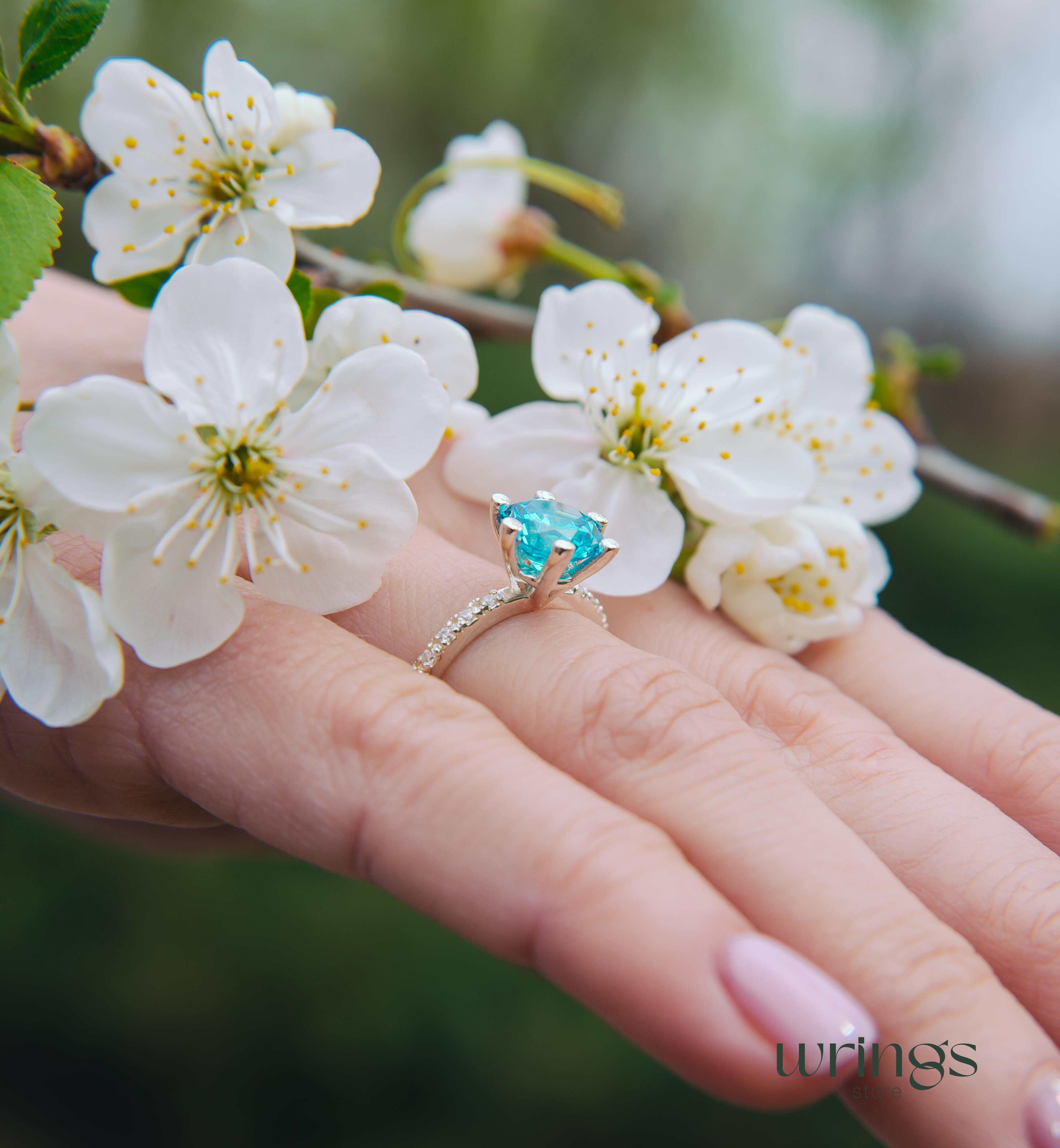 Large Round Swiss Blue Topaz Engagement Ring & Side CZ