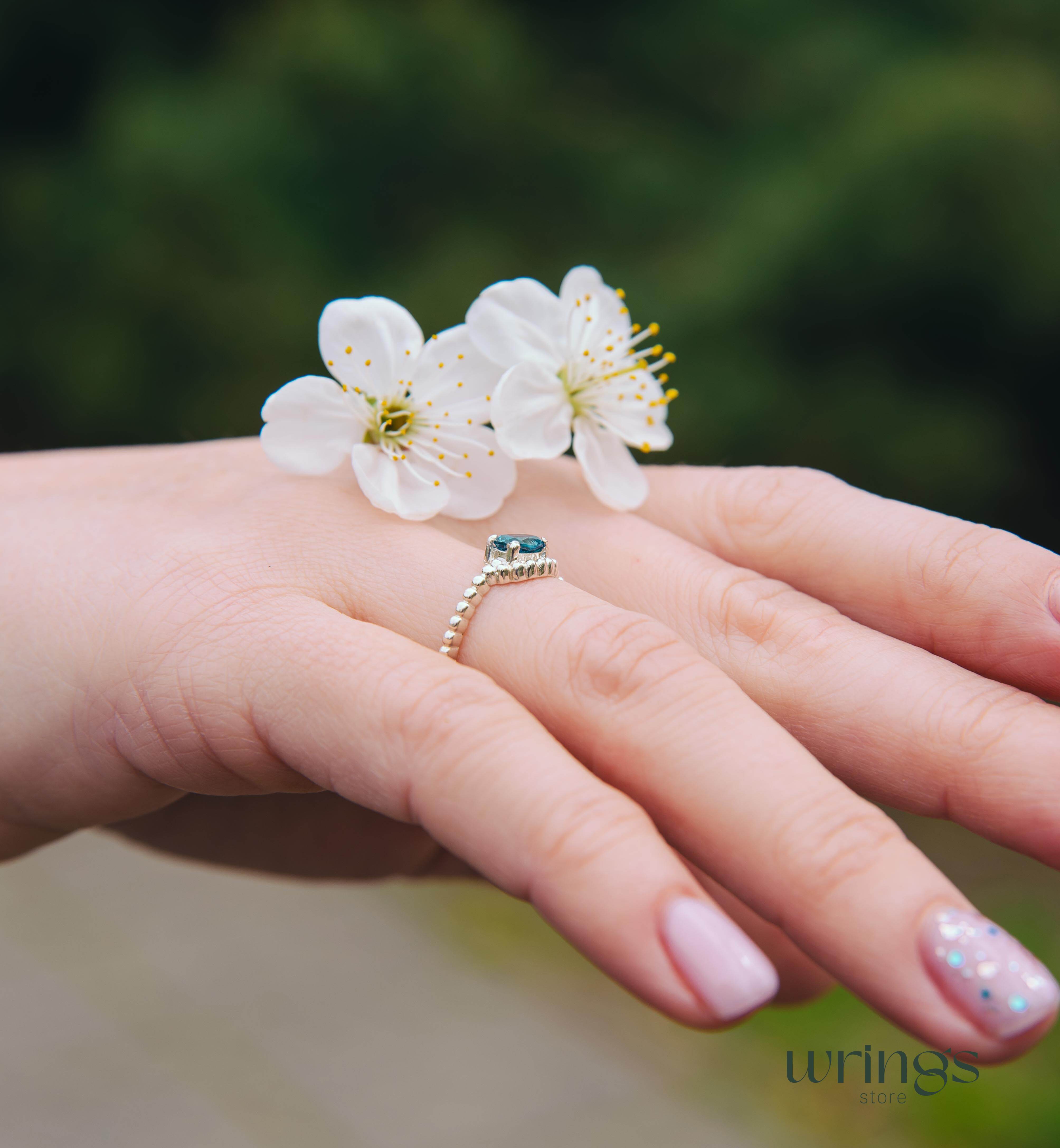 Beaded Band Oval London Blue Topaz Engagement Ring Silver