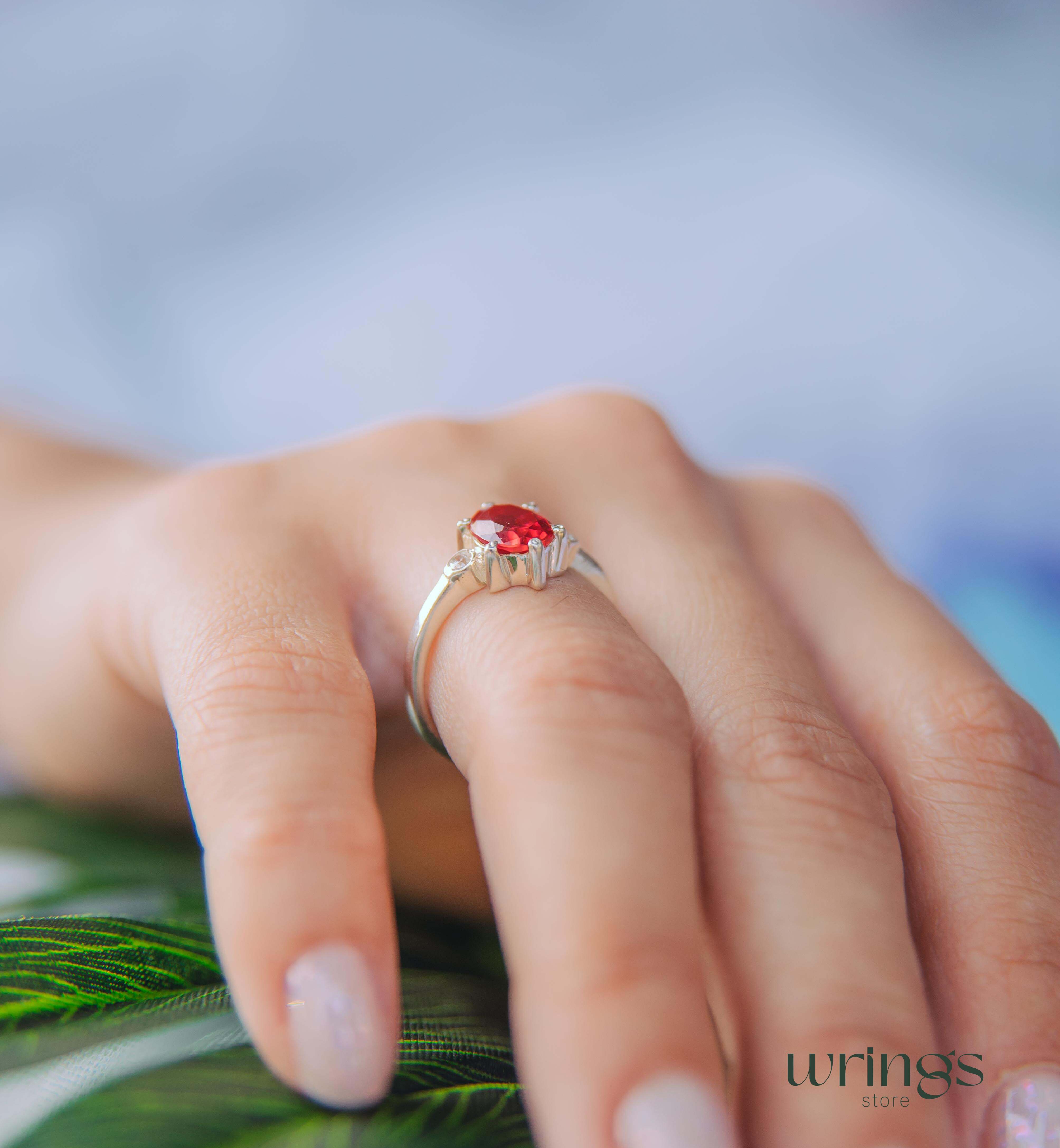 Large Oval cut Red Stone Silver Cocktail Ring & Side Stones