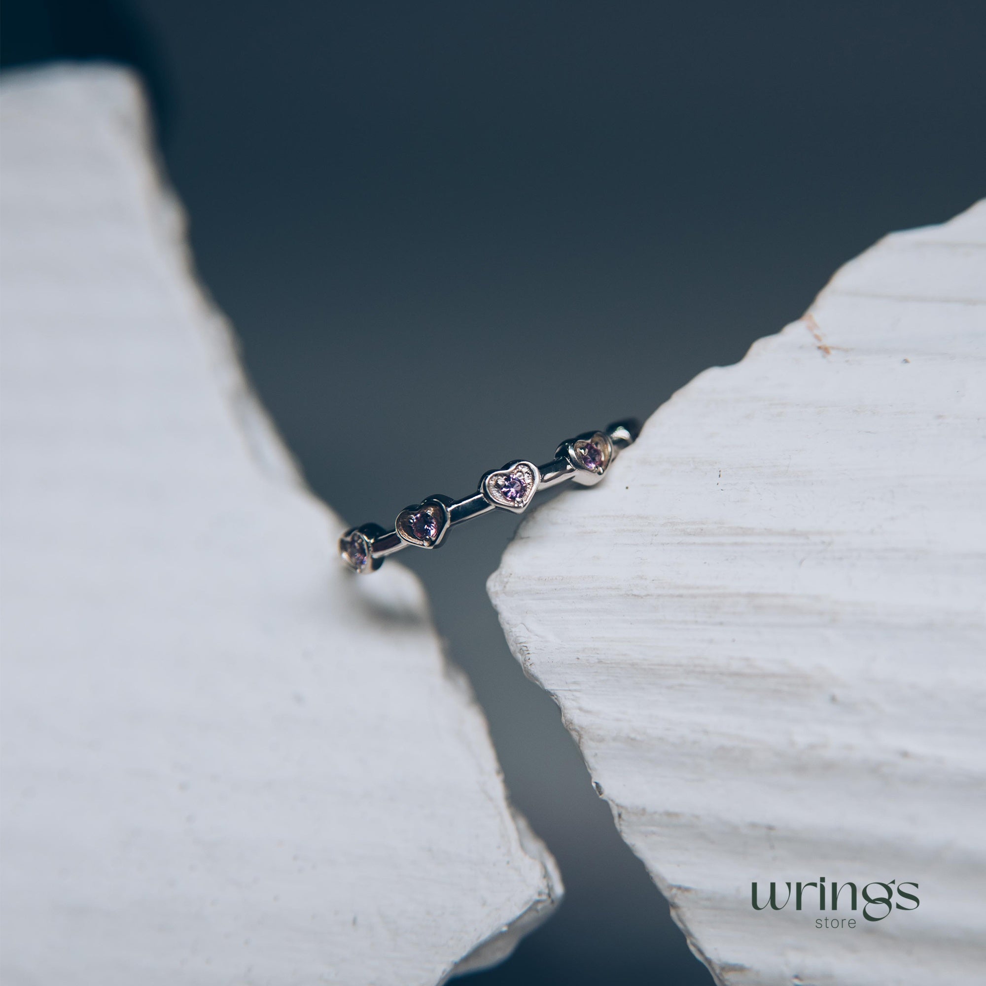 Delicate Amethysts in Multi Hearts Silver Promise Ring