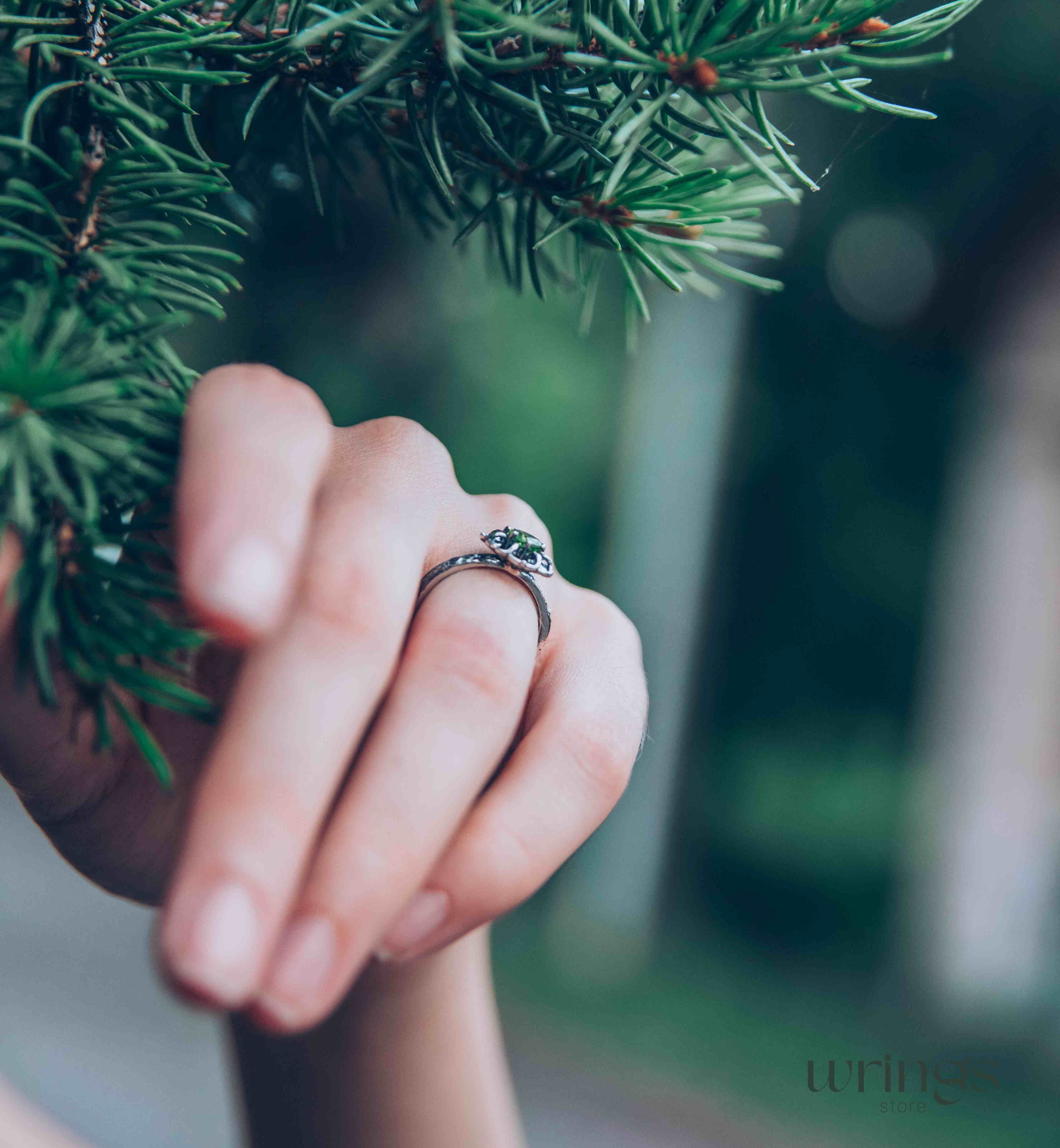 Silver Branch and Peridot Flower Engagement Ring for Women