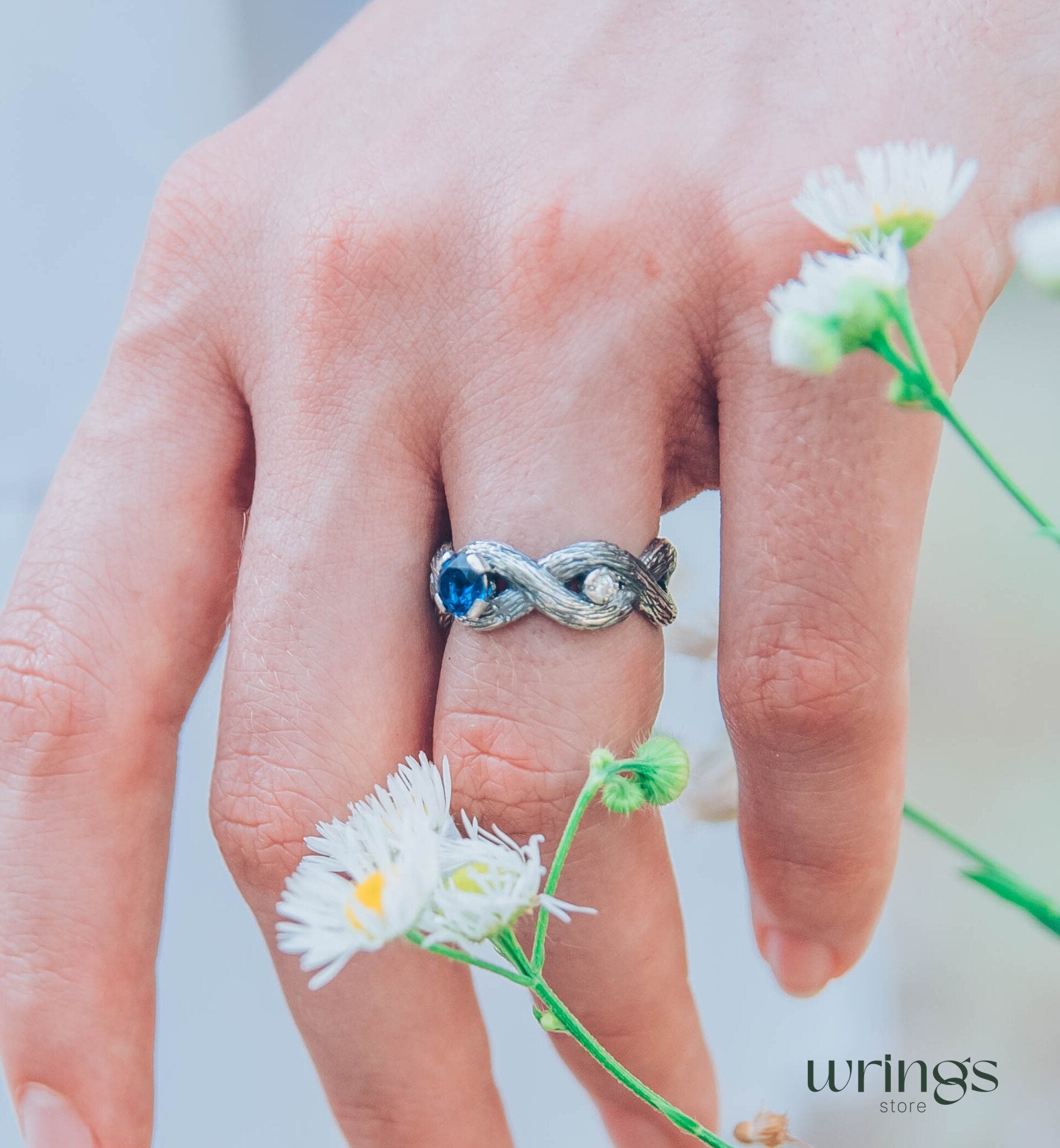 Sapphire Infinity Engagement Ring for Her — Solid Silver scrollwork