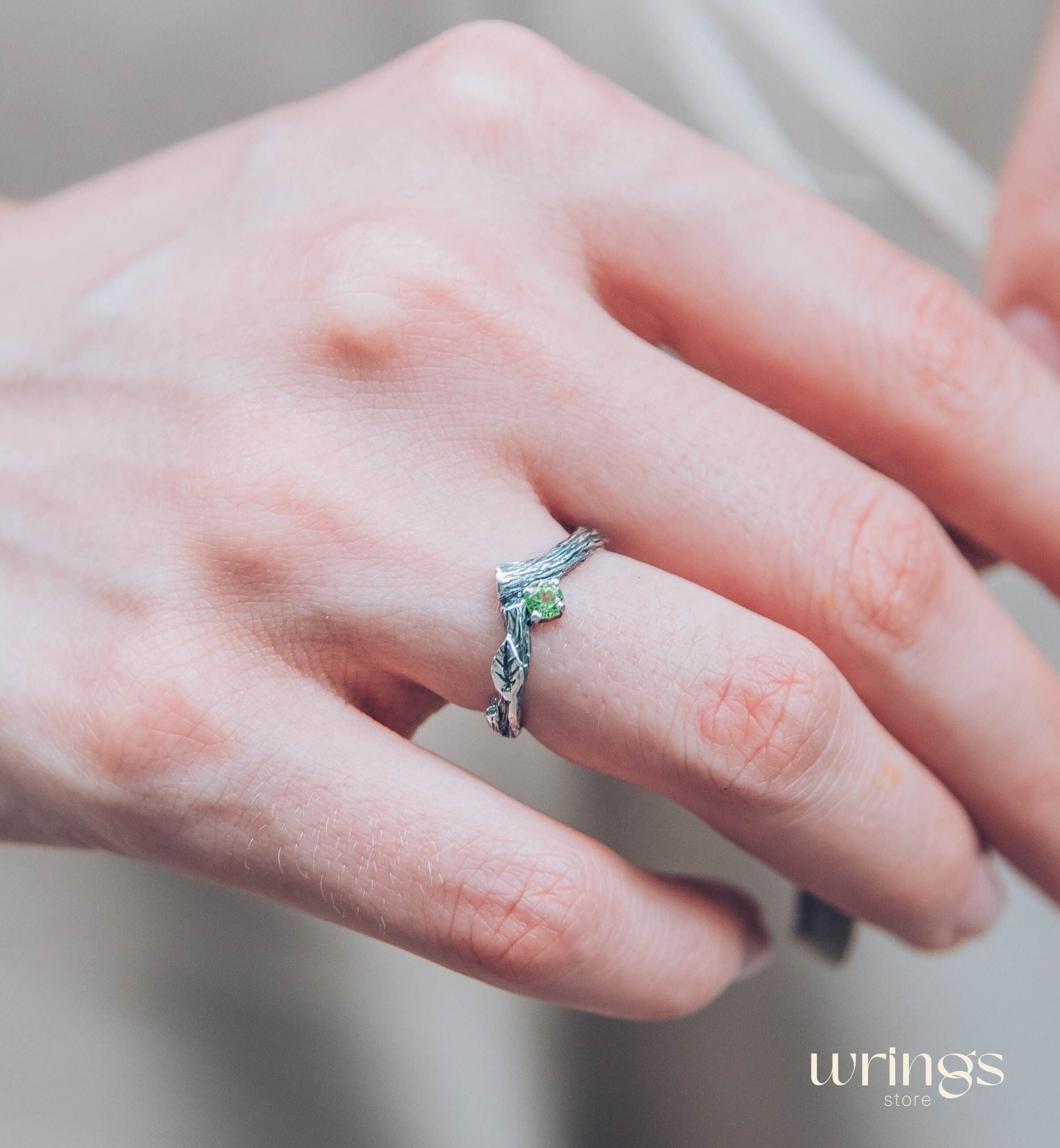 Twig Engagement Ring with Leaves — Peridot Tiny Ring