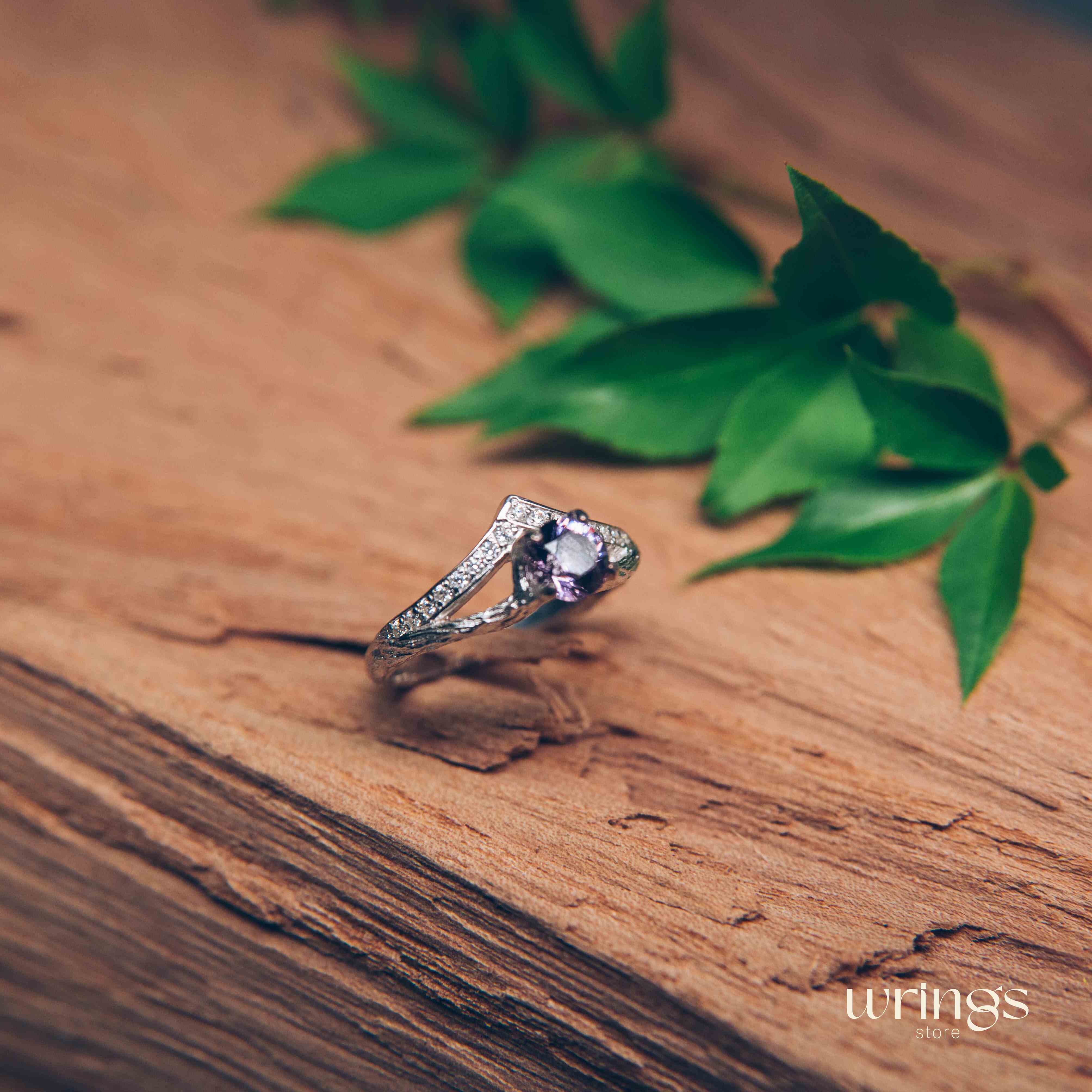 Amethyst & CZ Silver Branch Chevron Engagement Ring