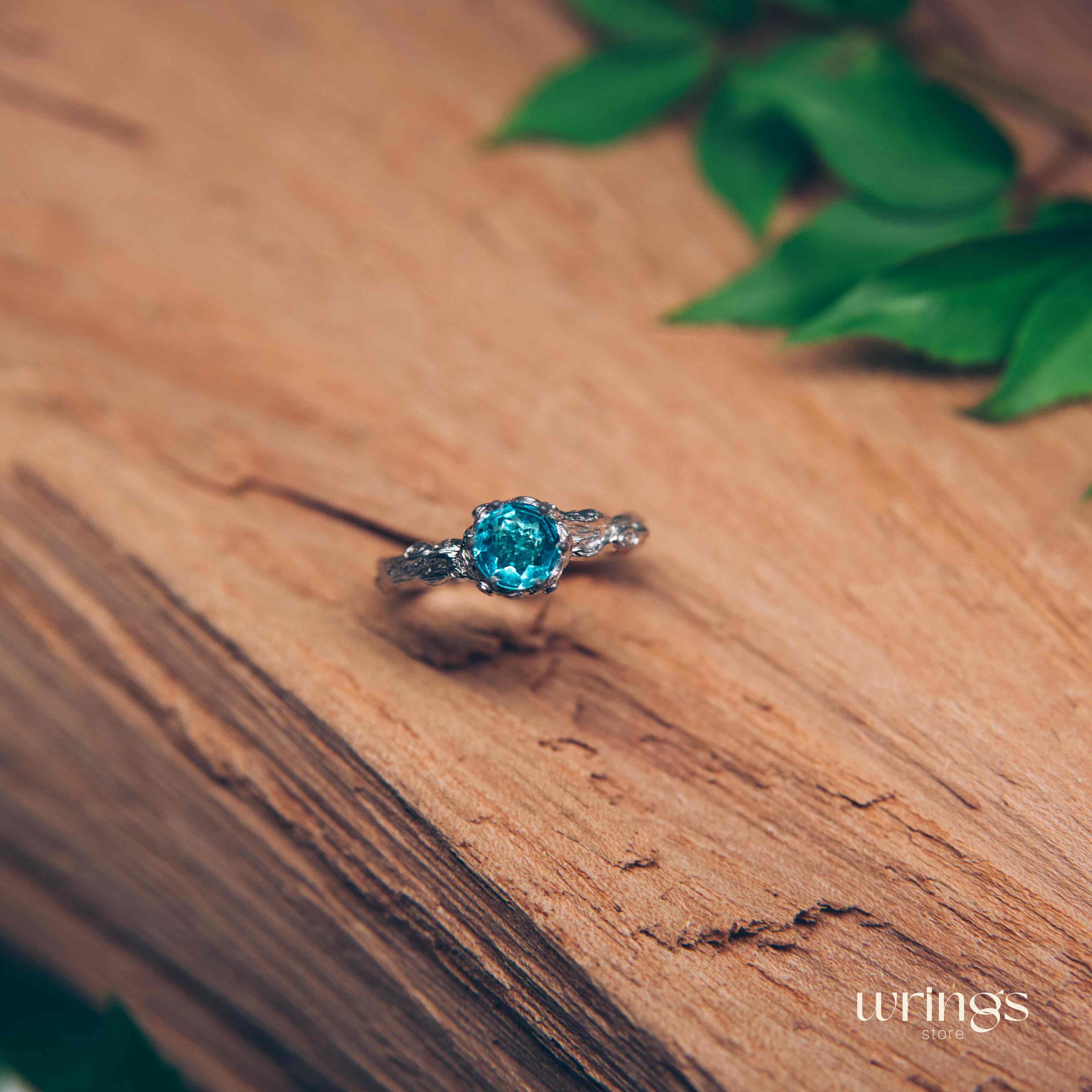 Blue Topaz & Shiny Silver Twig Fantasy Engagement Ring