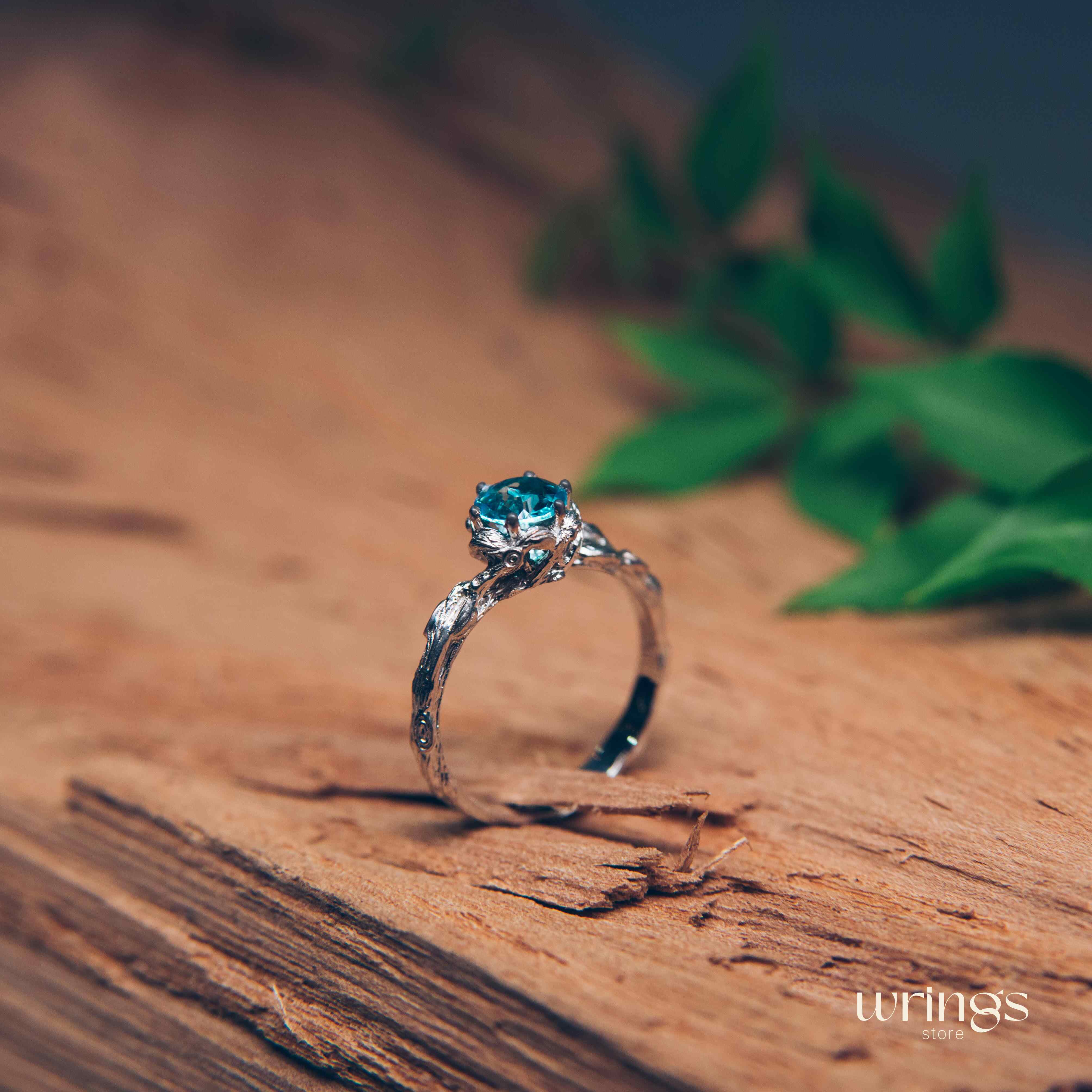 Blue Topaz & Shiny Silver Twig Fantasy Engagement Ring