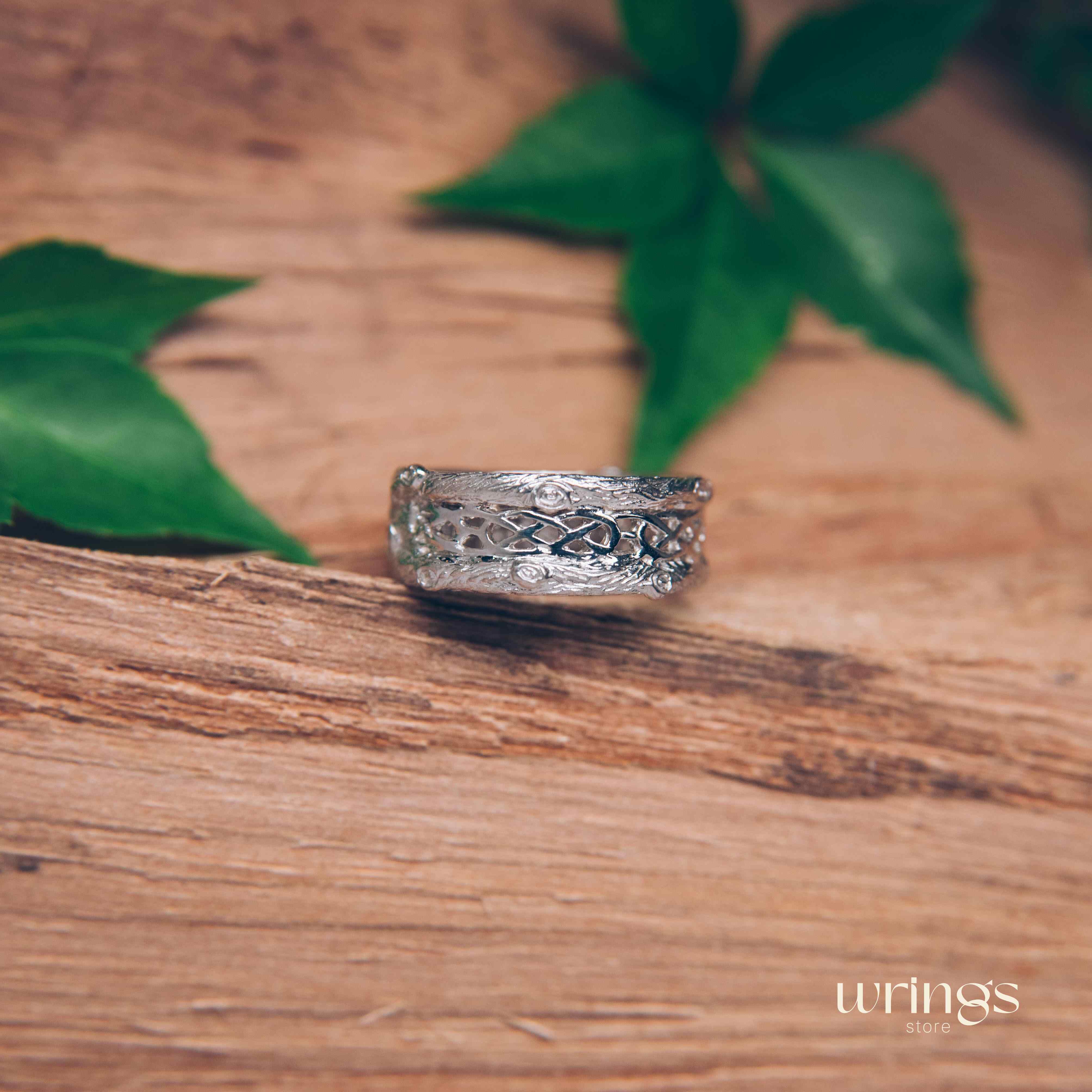 Unique Shiny Silver Celtic Style Tree Bark Band Ring